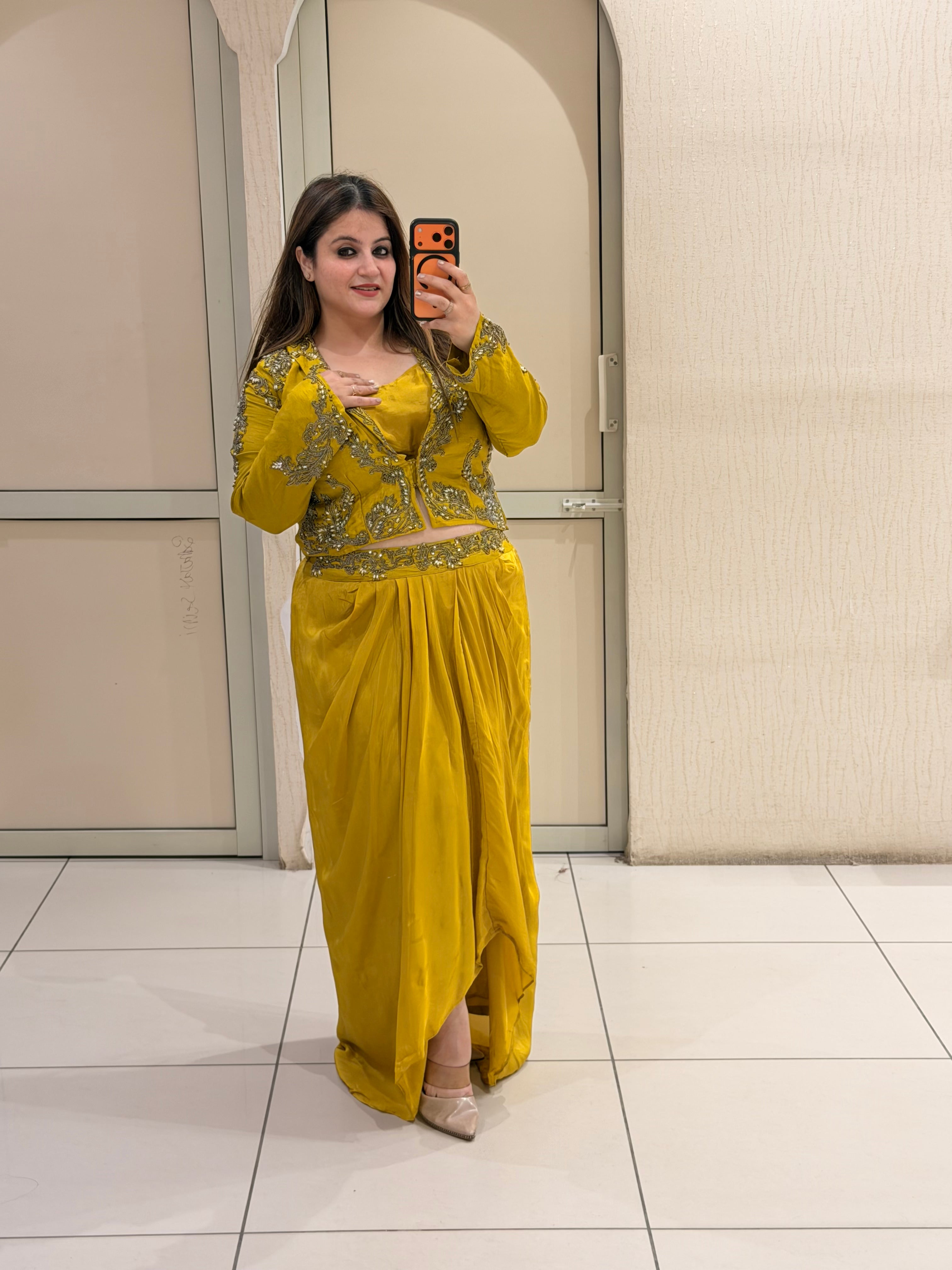 Mustard Yellow Silk & Crepe Three-Piece Dress (L–XXL)