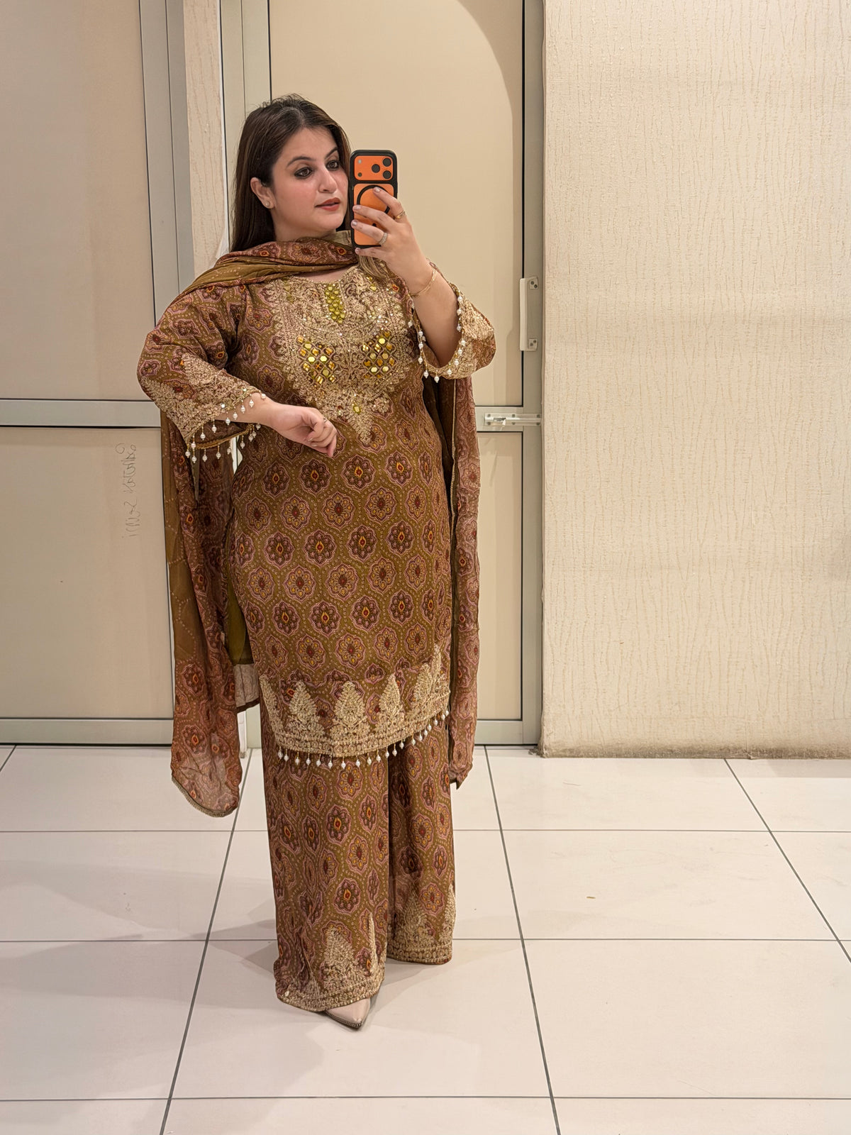 Brown Chinon Embroidered Dress Set (M–XXL)