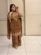 Brown Chinon Embroidered Dress Set (M–XXL)