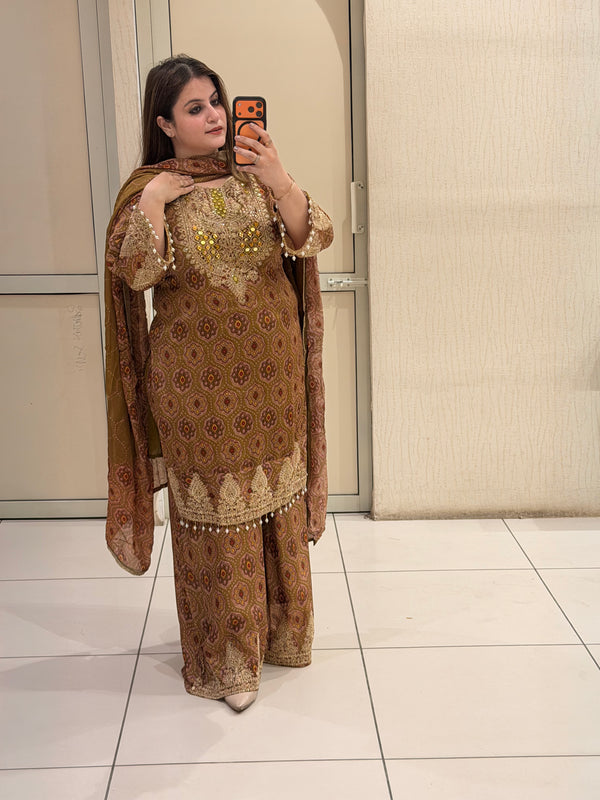 Brown Chinon Embroidered Dress Set (M–XXL)