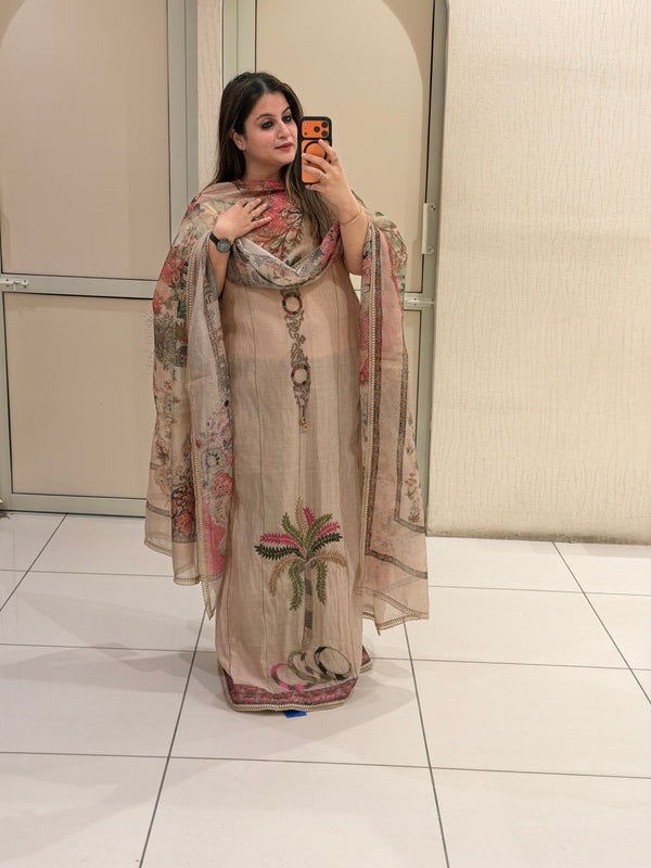 Unstitched Beige Mul Chanderi Printed Suit (Premium Collection)