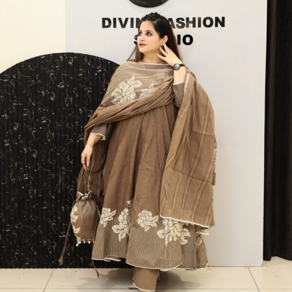 Elegant brown cotton suit set featuring beautiful floral prints, comfortable fabric, matching dupatta, and stylish ethnic appeal perfect for festive and casual wear.