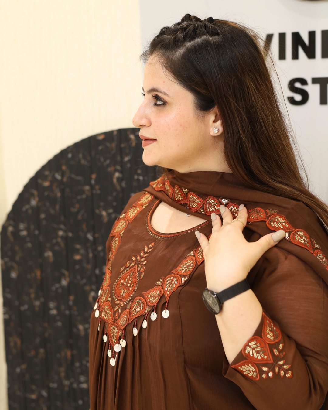 Mil Chanderi Embroidered Brown Suit Set - Image 2