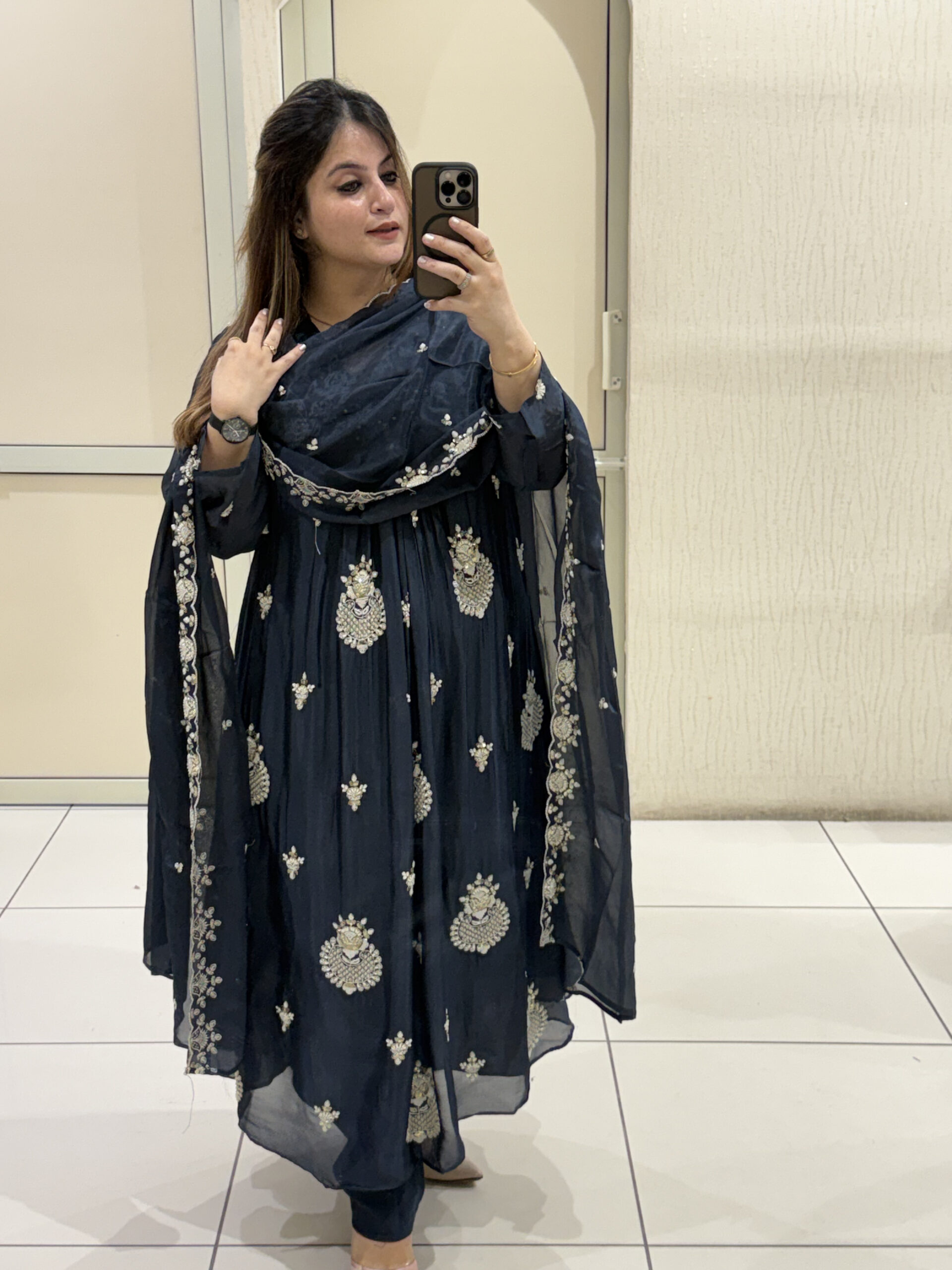 Navy Blue Chinon Thread Embroidered Suit Set