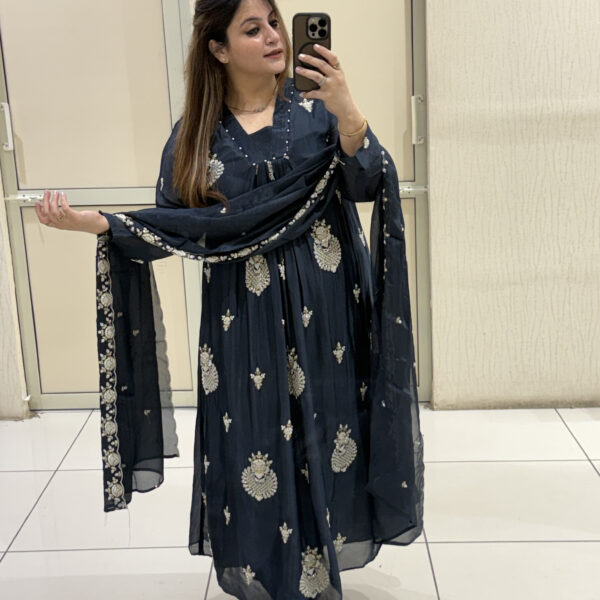 Navy Blue Chinon Thread Embroidered Suit Set
