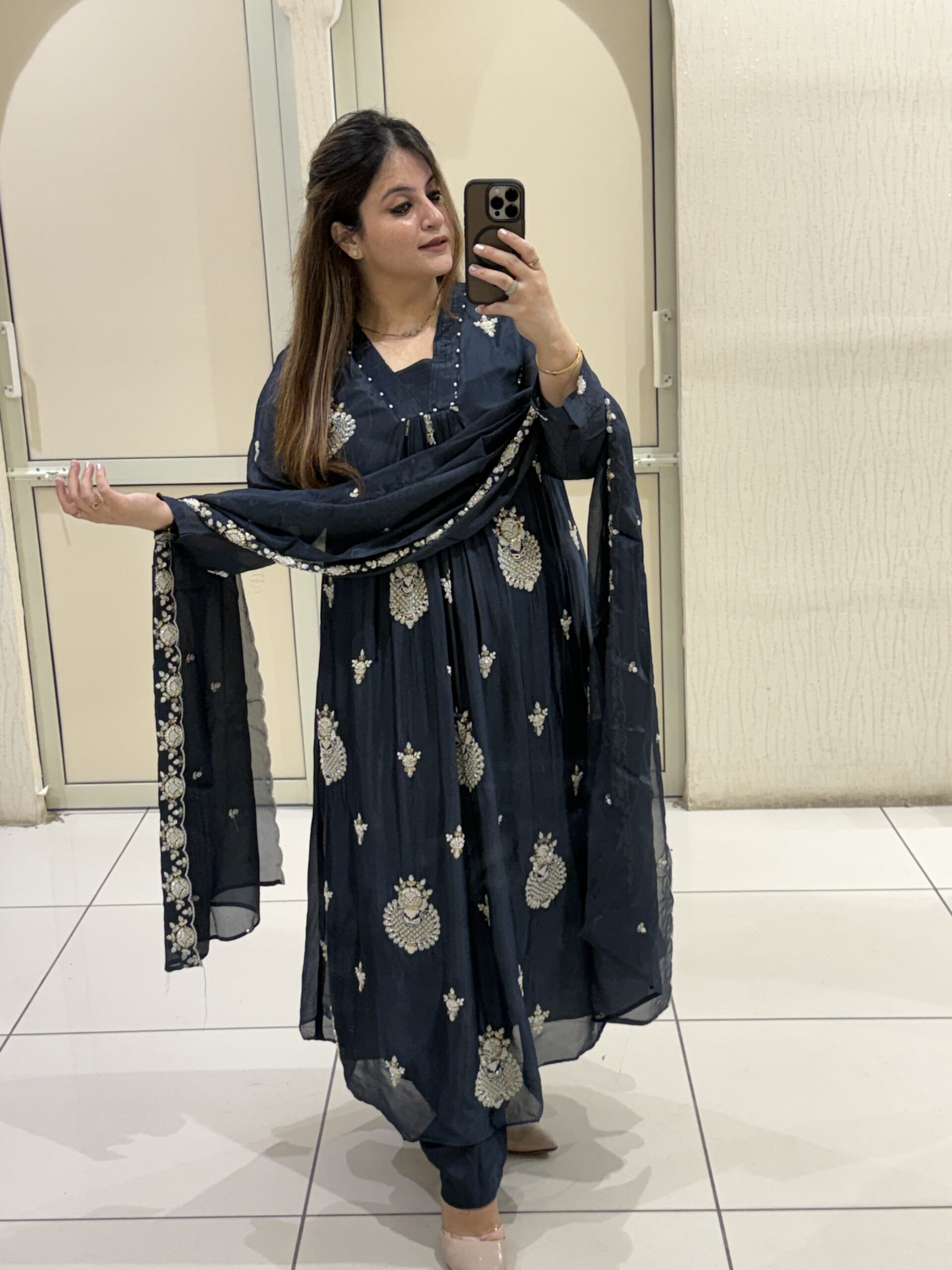 Navy Blue Chinon Thread Embroidered Suit Set