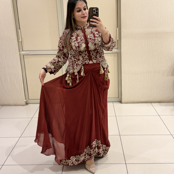 Maroon Pure Fabric Handwork Partywear Dress with Cowl Skirt