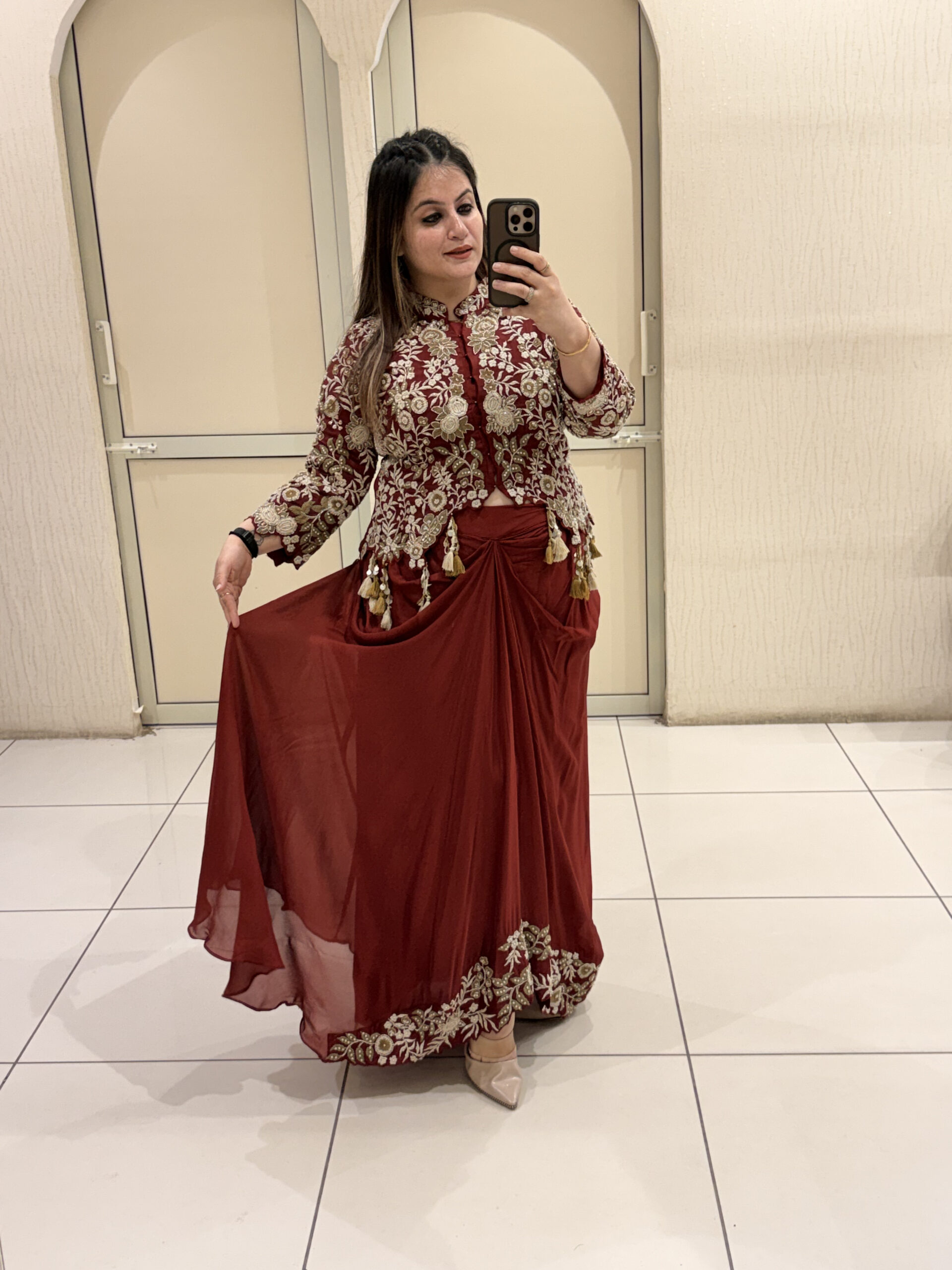 Maroon Pure Fabric Handwork Partywear Dress with Cowl Skirt