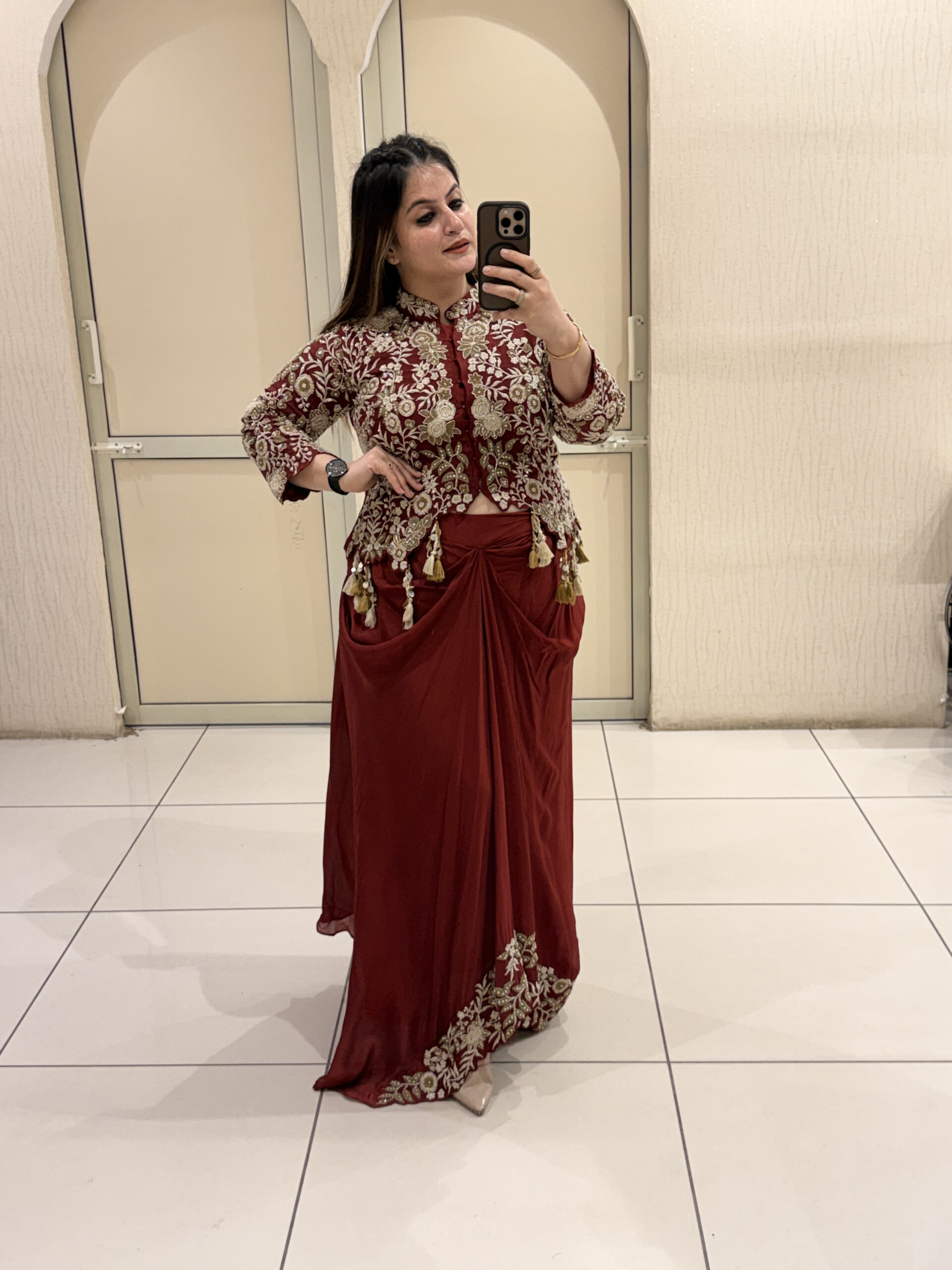 Maroon Pure Fabric Handwork Partywear Dress with Cowl Skirt