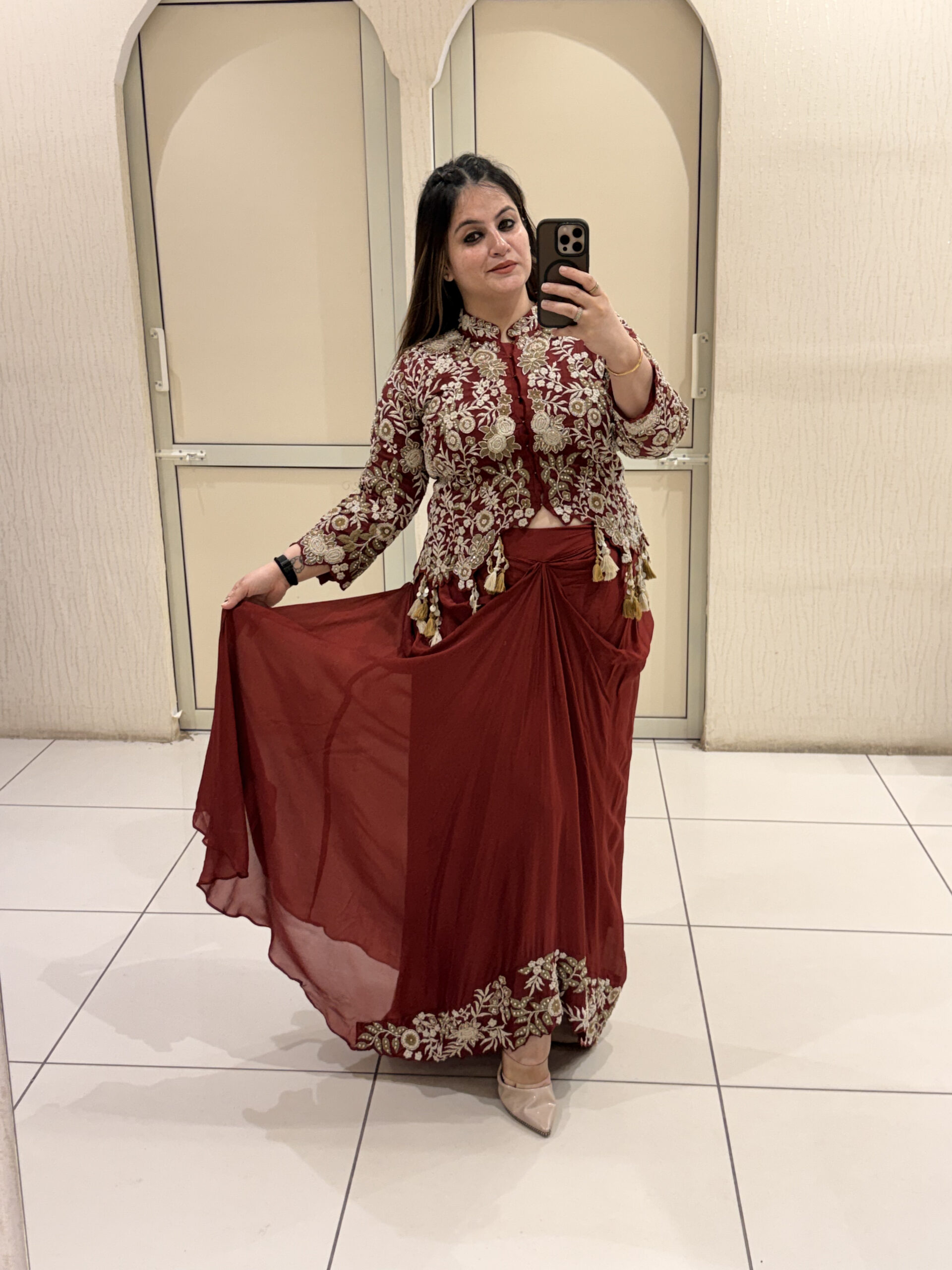 Maroon Pure Fabric Handwork Partywear Dress with Cowl Skirt