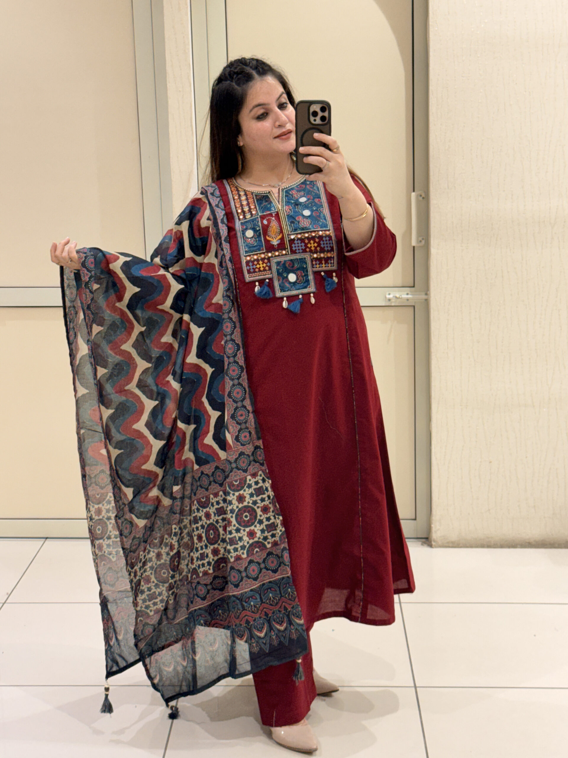 Maroon Pure Cotton Embroidered Suit Set