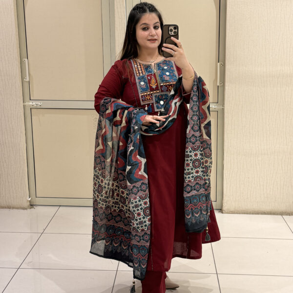 Maroon Pure Cotton Embroidered Suit Set