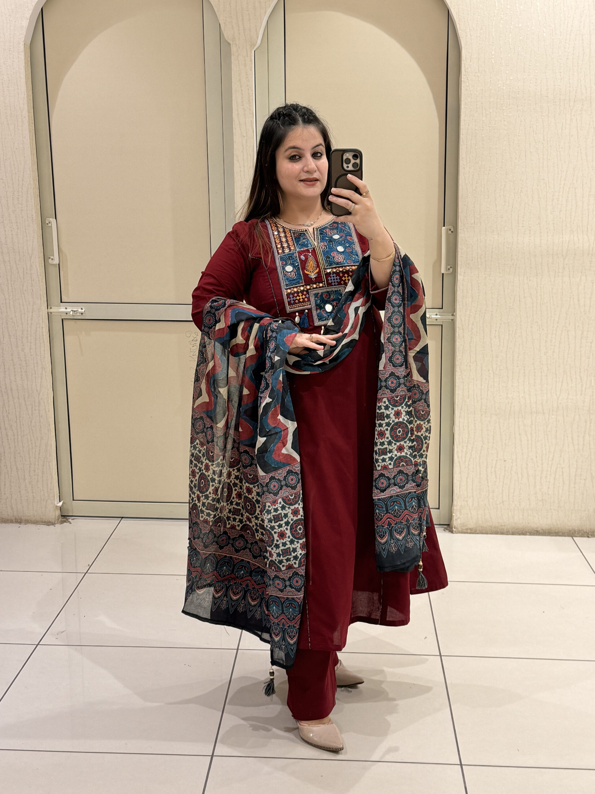 Maroon Pure Cotton Embroidered Suit Set
