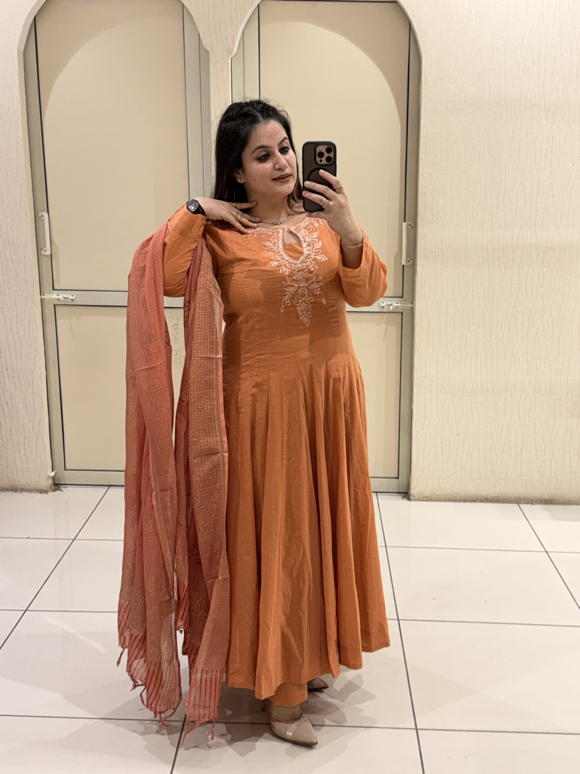 Orange Pure Mul Cotton Anarkali Suit Set