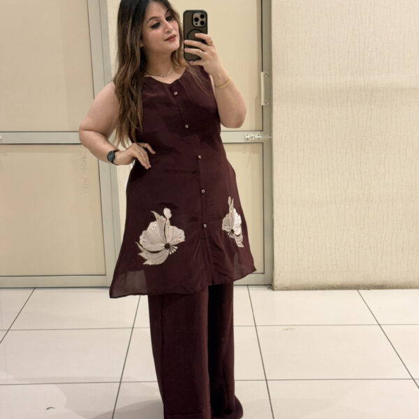 Maroon Pure Crepe Embroidered Coord Set