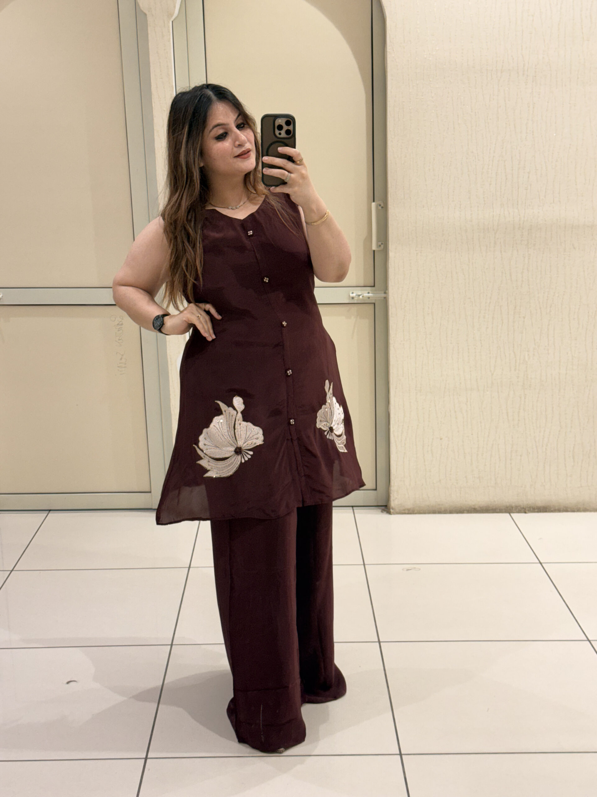 Maroon Pure Crepe Embroidered Coord Set