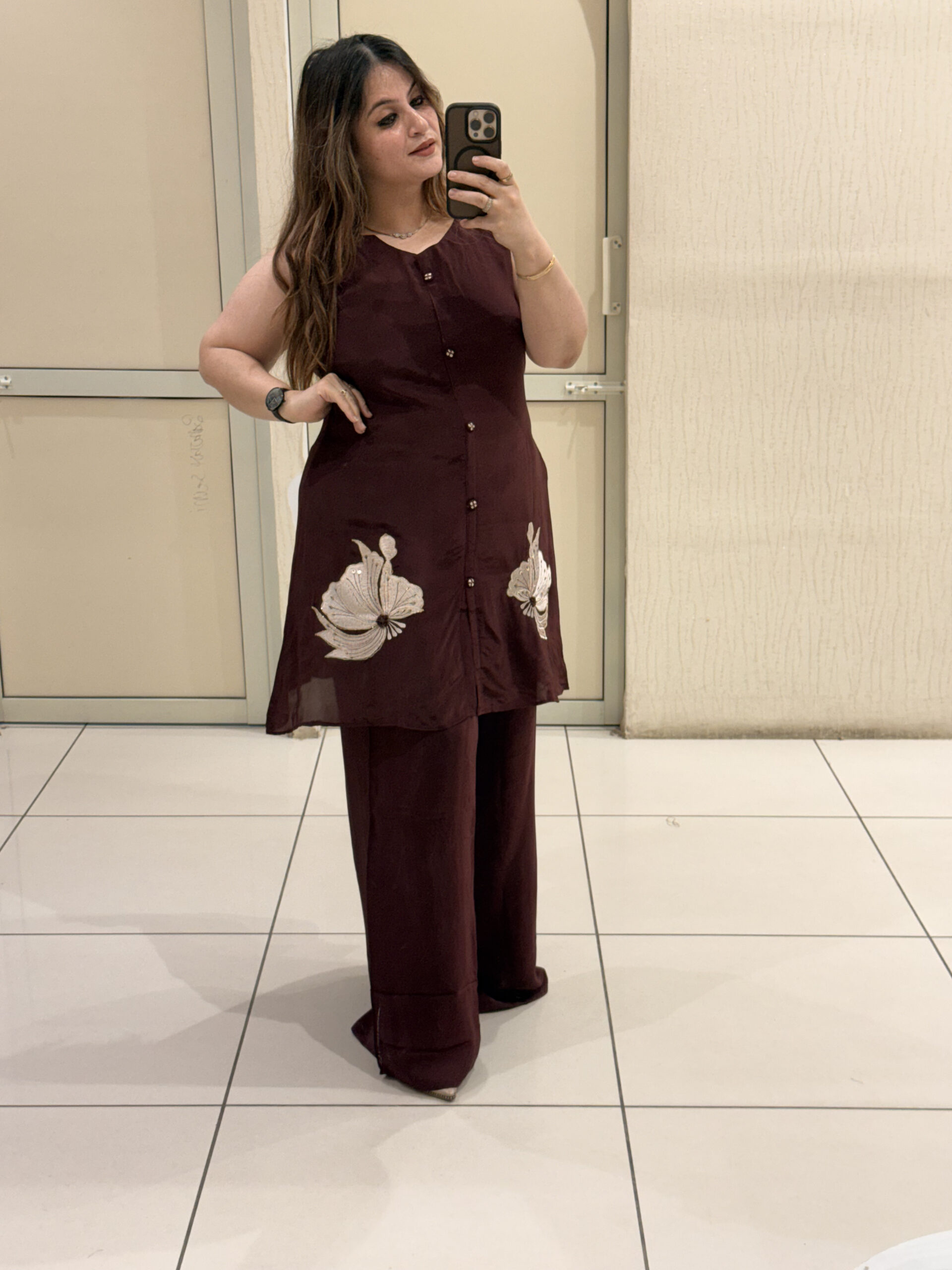 Maroon Pure Crepe Embroidered Coord Set - Image 2