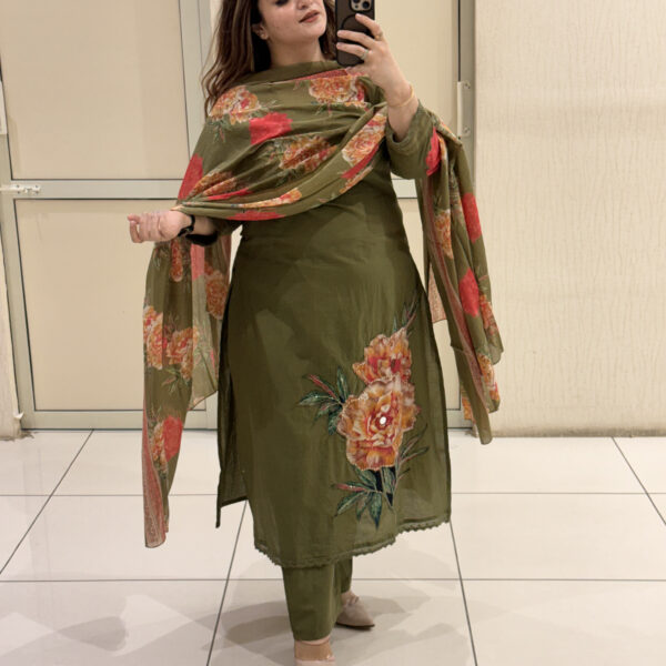 Olive Green Pure Cotton Floral Suit Set