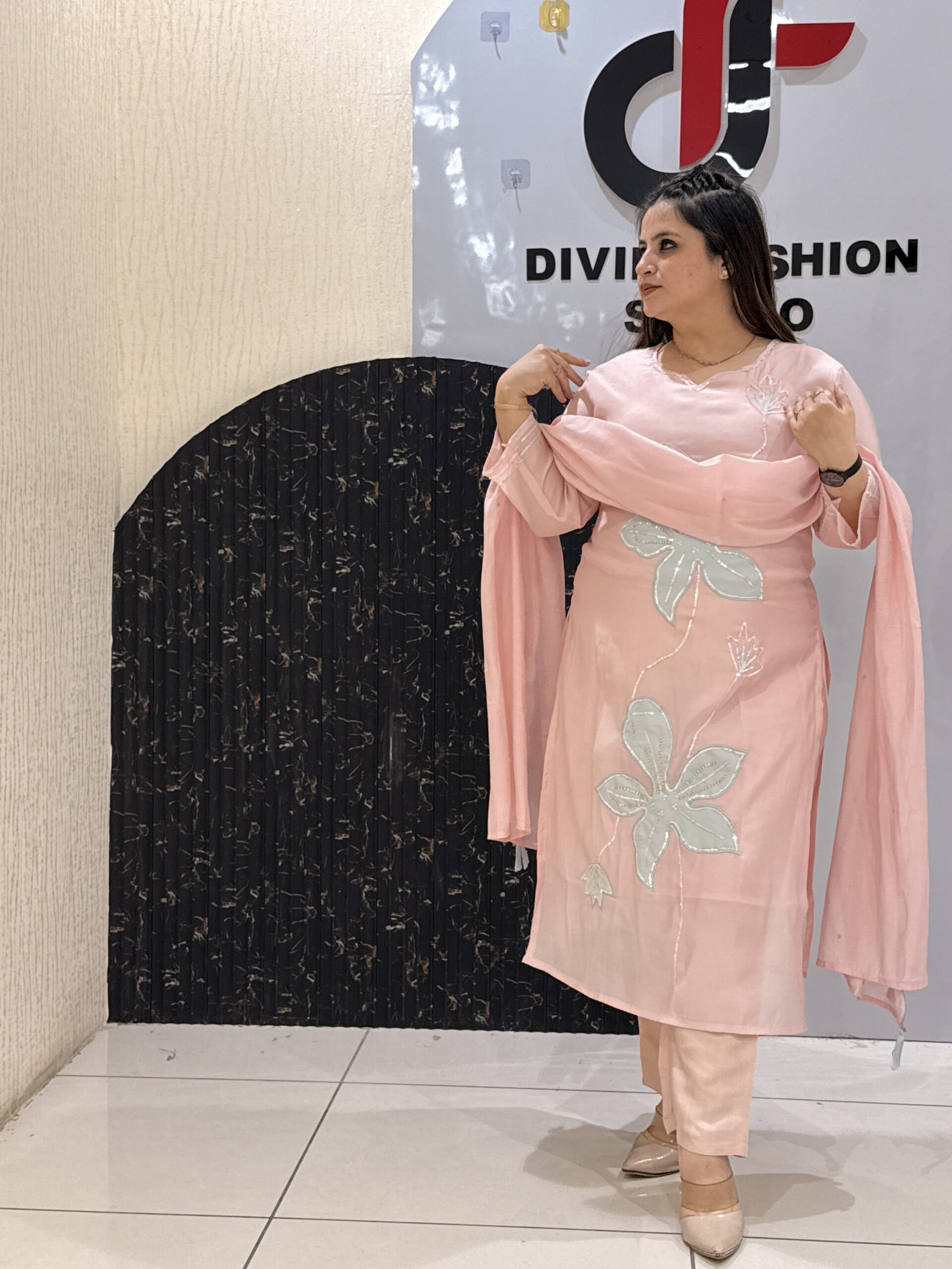 Pastel Pink Mul Chanderi Floral Kurta Set