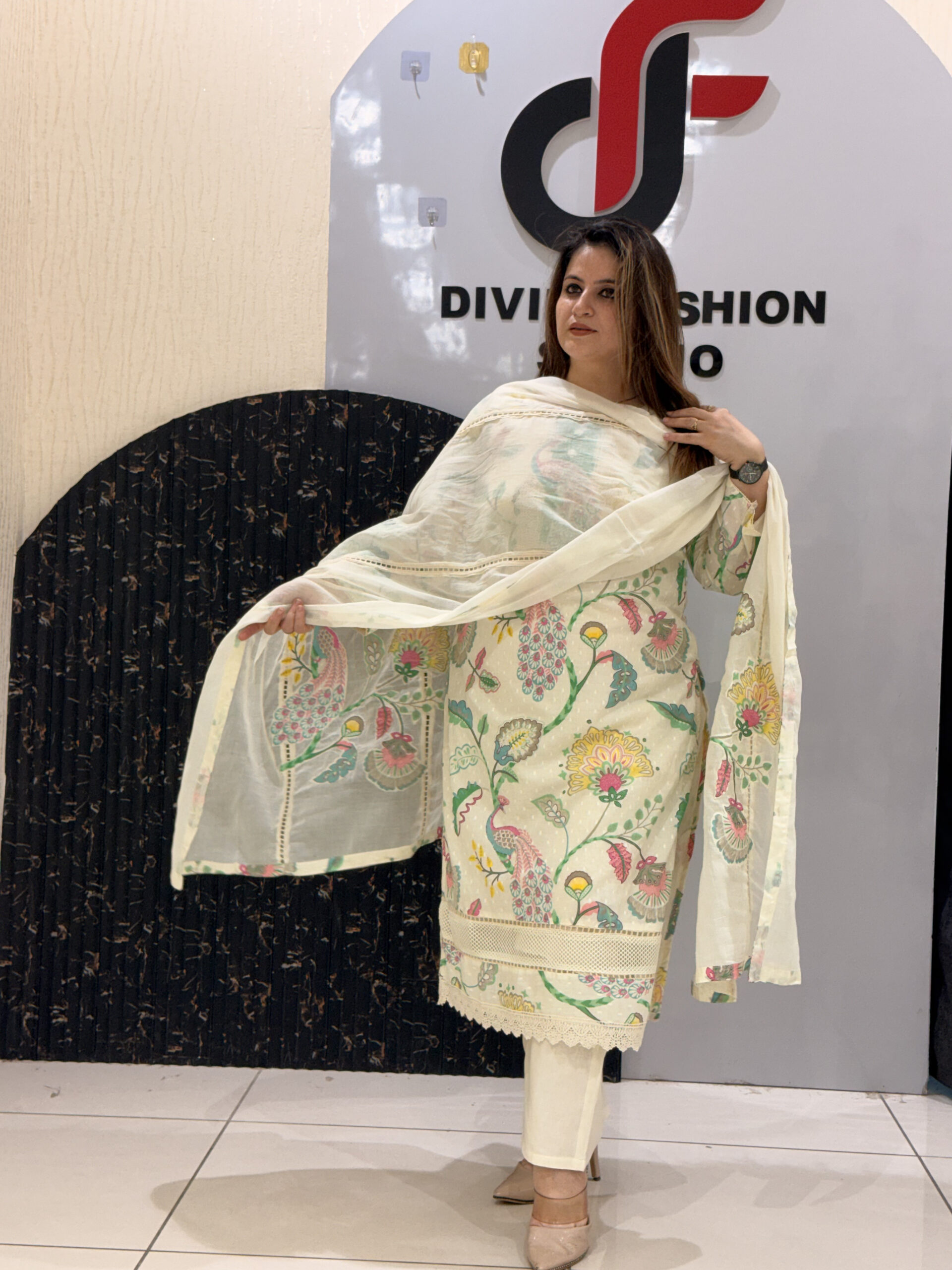 Cream Pure Cotton Floral Kurta Set