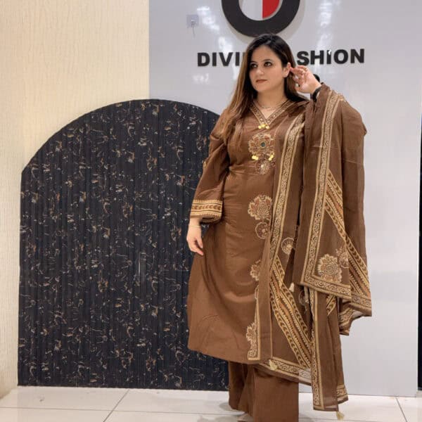 Brown Pure Cotton Embroidered Kurta Set