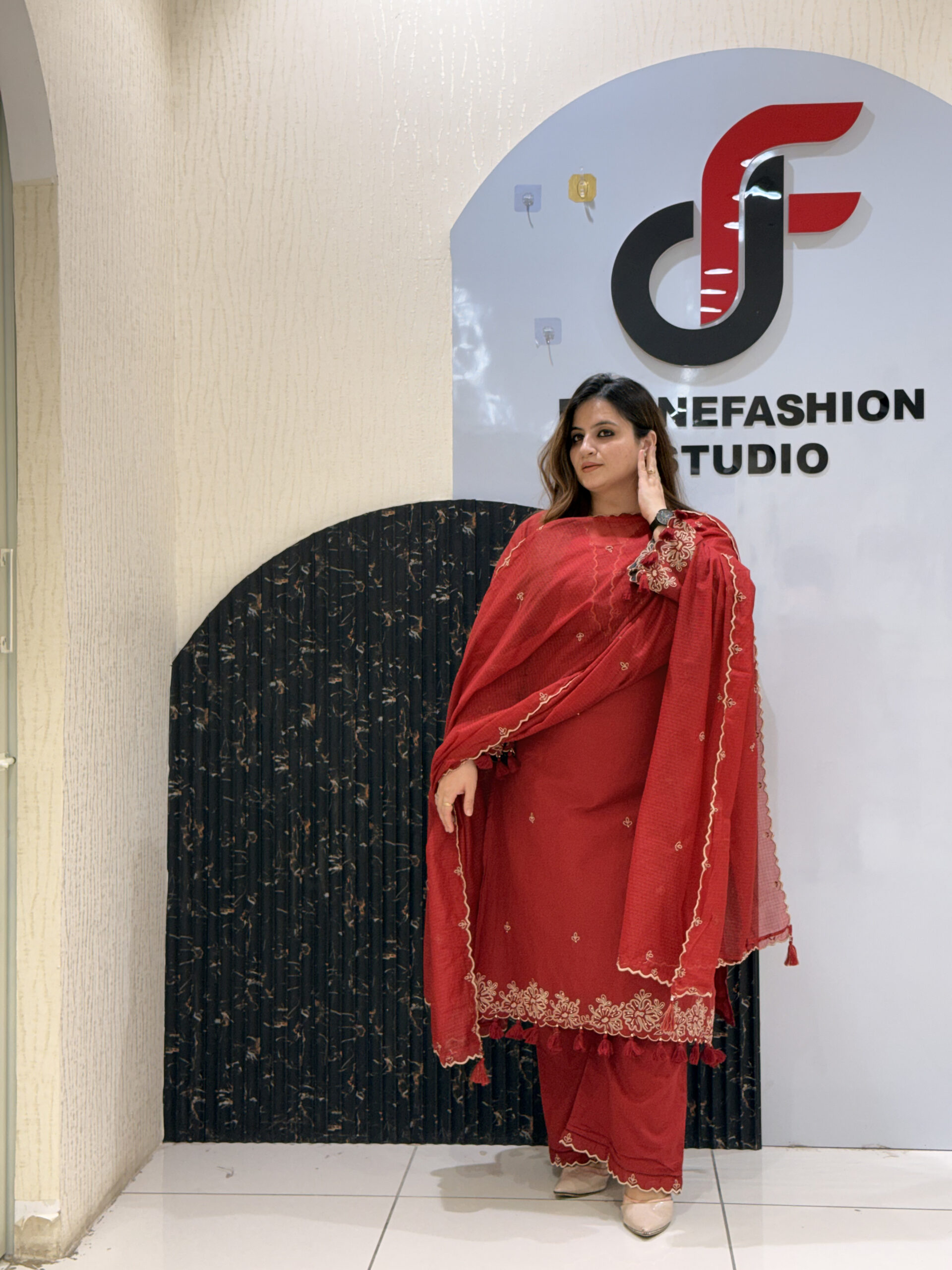 Red Pure Cotton Thread Embroidered Suit with Kota Doria Dupatta