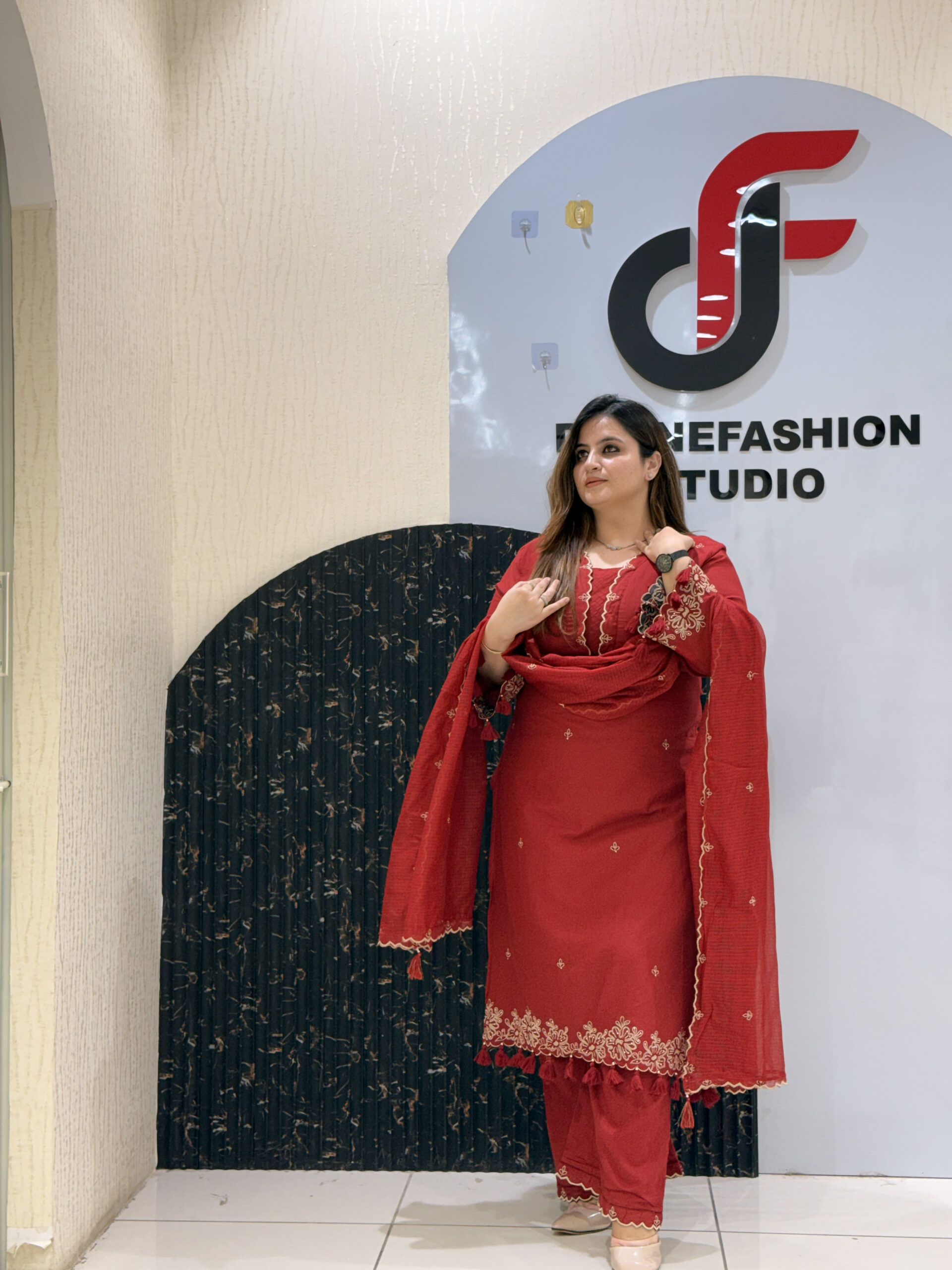 Red Pure Cotton Thread Embroidered Suit with Kota Doria Dupatta