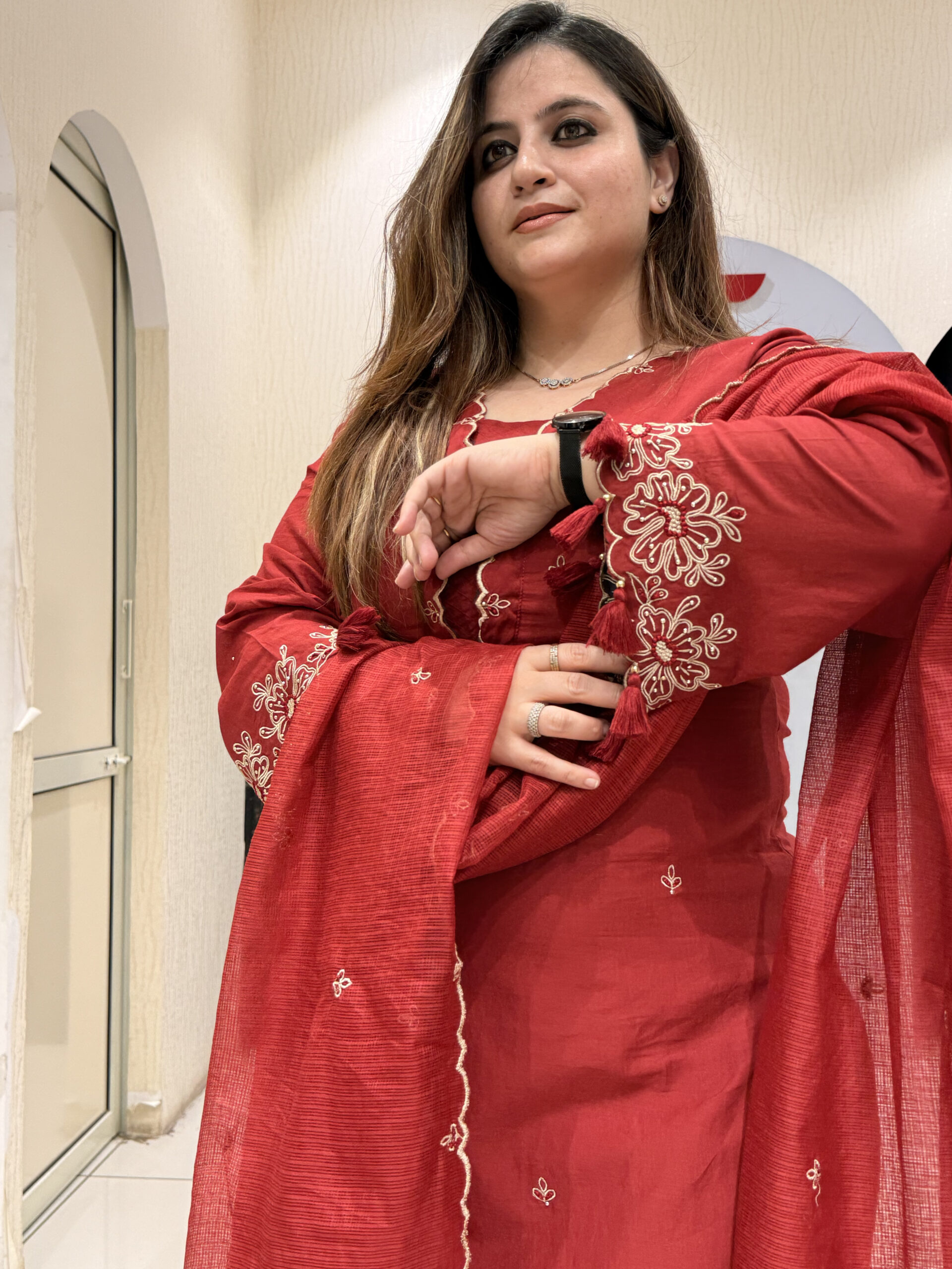 Red Pure Cotton Thread Embroidered Suit with Kota Doria Dupatta