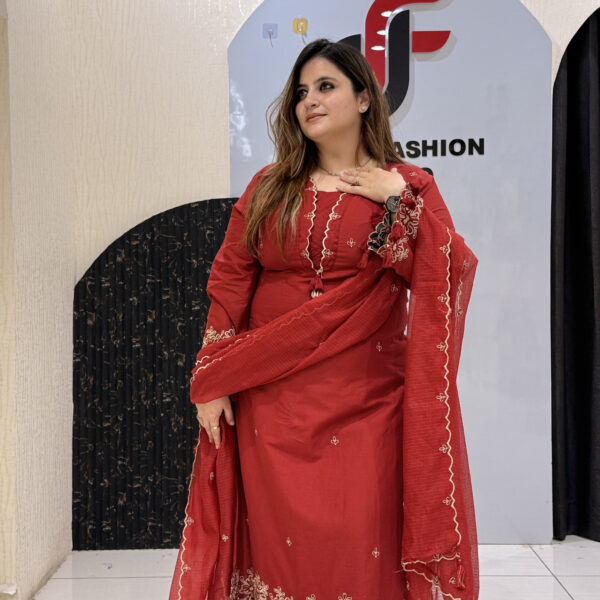 Red Pure Cotton Thread Embroidered Suit with Kota Doria Dupatta