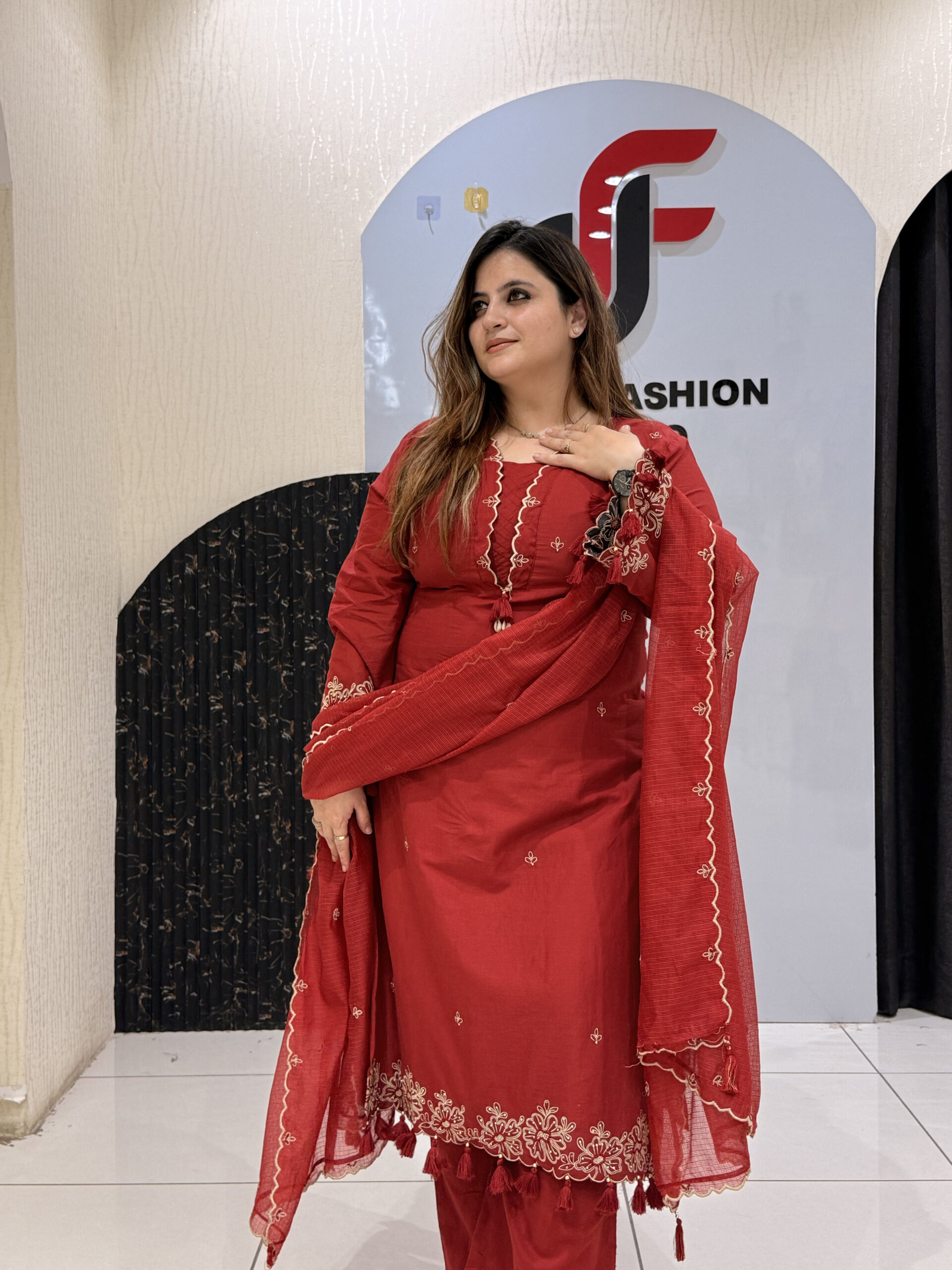 Red Pure Cotton Thread Embroidered Suit with Kota Doria Dupatta