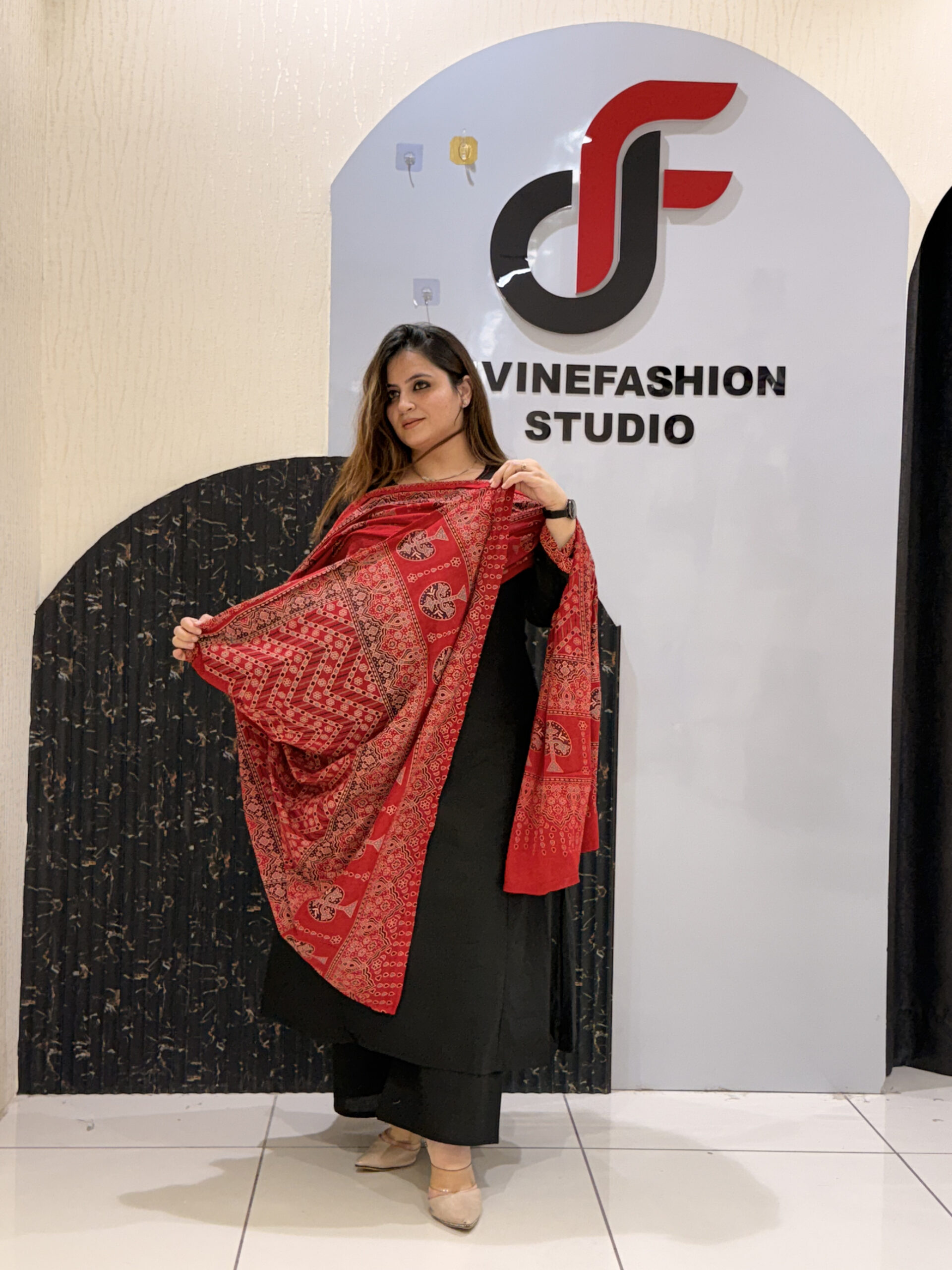 Black Pure Cotton A-Line Suit with Red Printed Dupatta