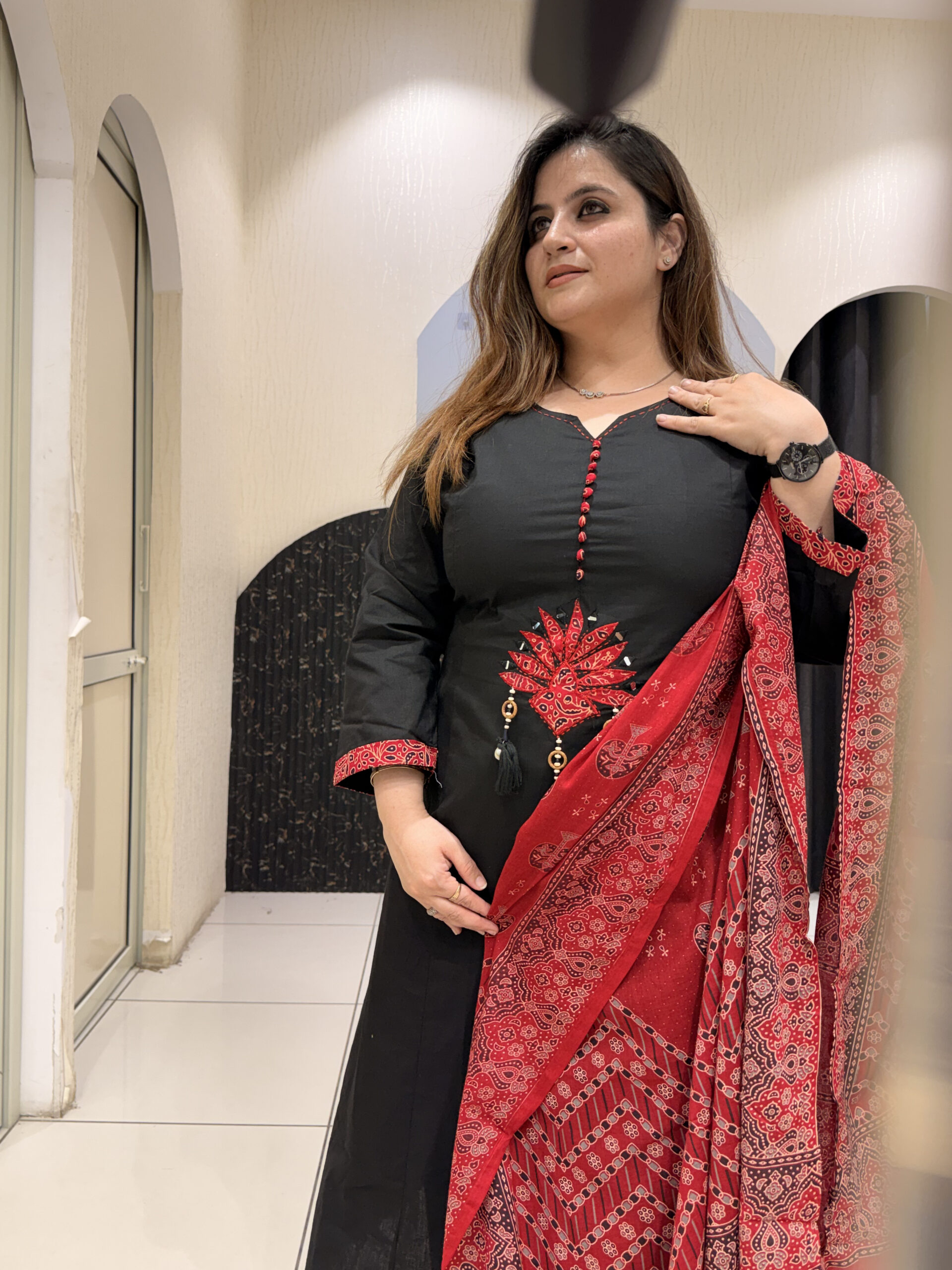 Black Pure Cotton A-Line Suit with Red Printed Dupatta