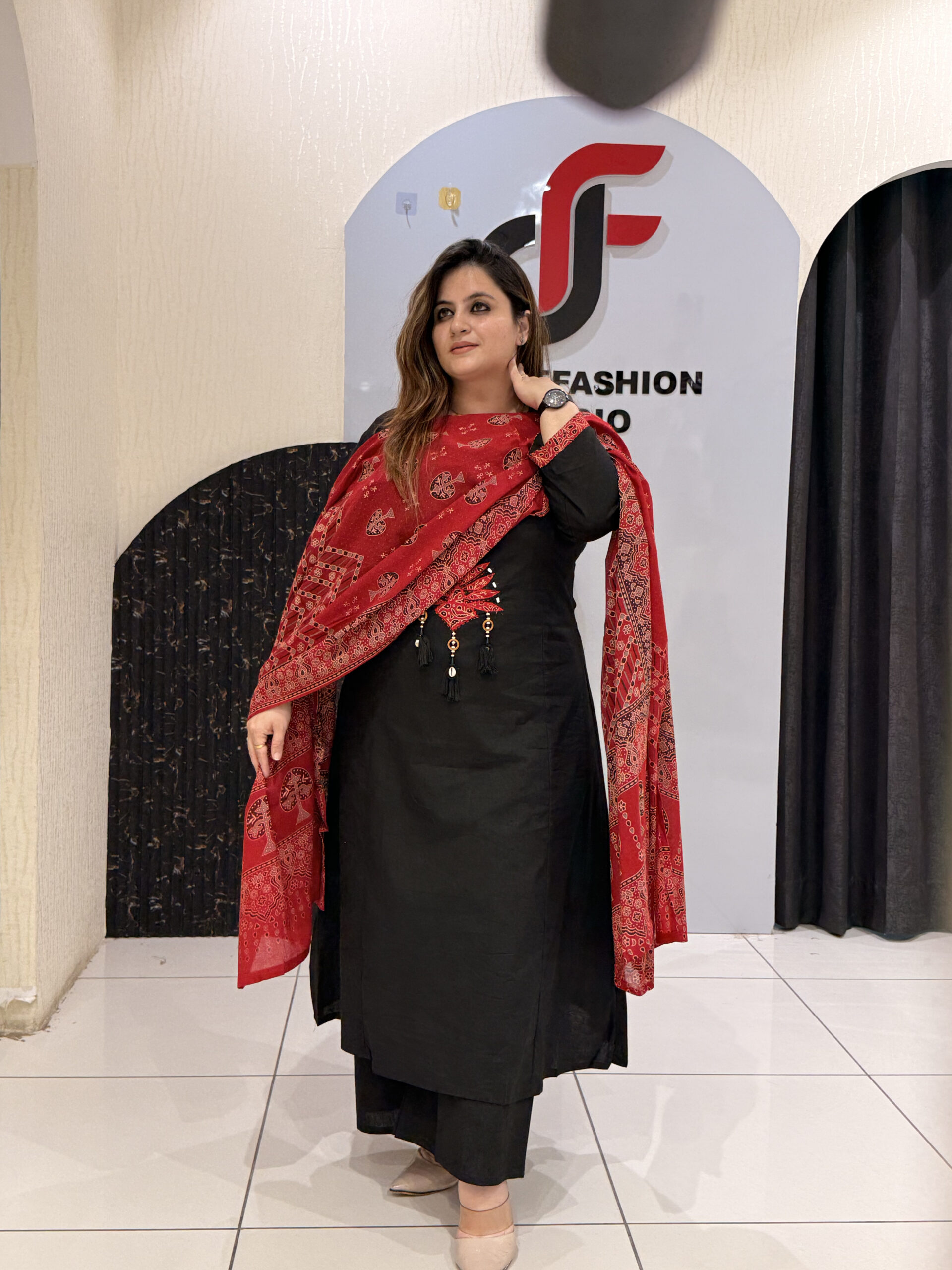 Black Pure Cotton A-Line Suit with Red Printed Dupatta