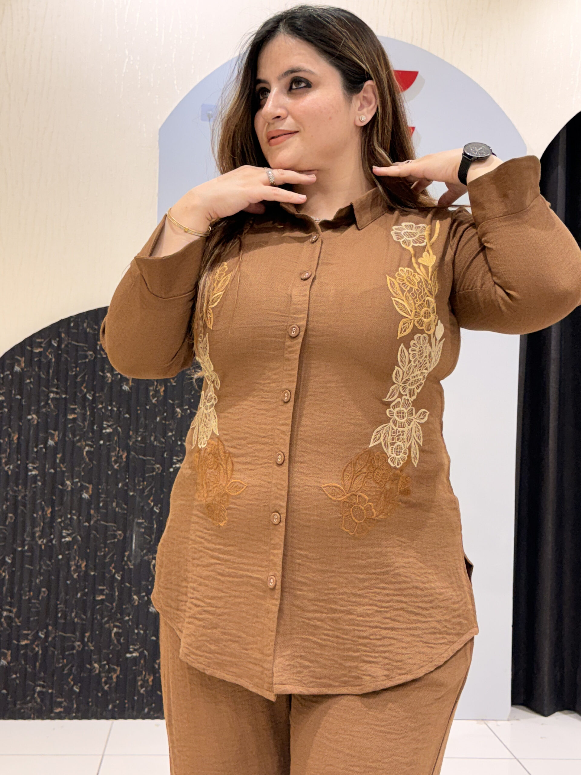 Brown Imported Fabric Thread Embroidered Coord Set