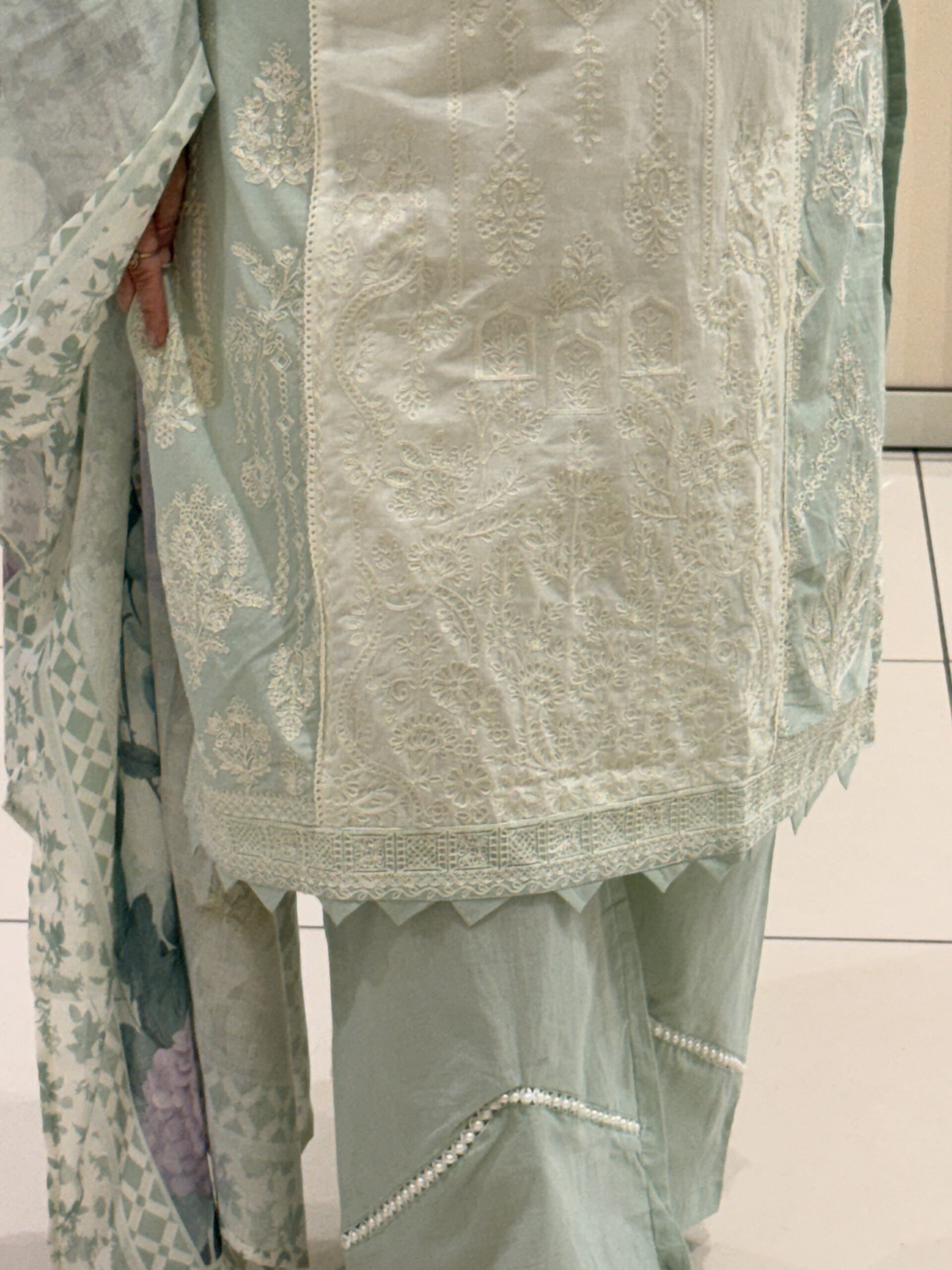 Pastel Green Pure Cotton Pakistani Suit with Thread Embroidery - Image 3