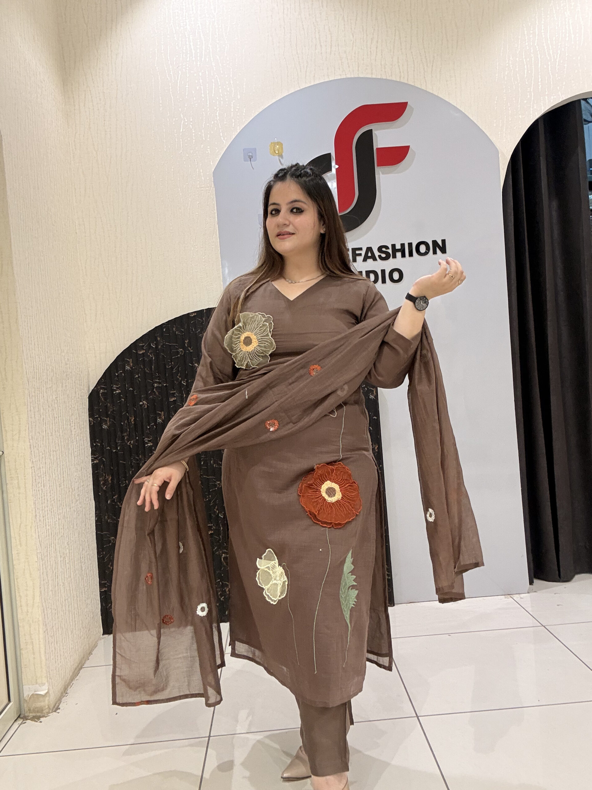 Brown Mul Chanderi Cotton Floral Embroidered Suit Set
