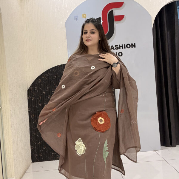 Brown Mul Chanderi Cotton Floral Embroidered Suit Set
