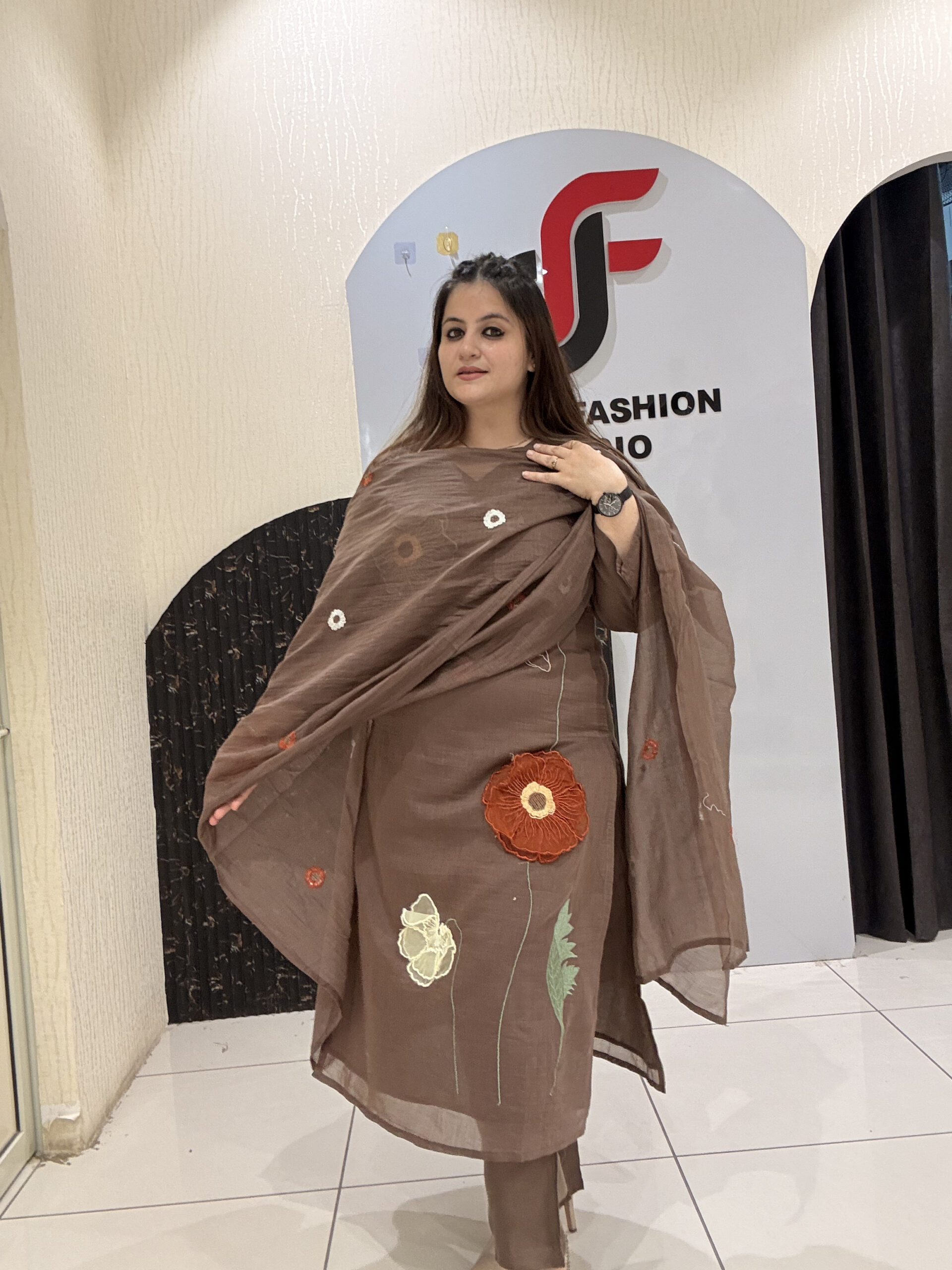 Brown Mul Chanderi Cotton Floral Embroidered Suit Set