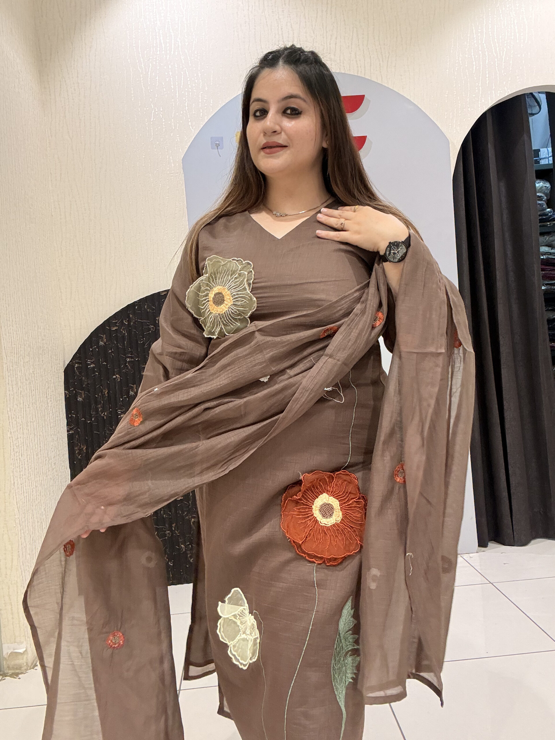 Brown Mul Chanderi Cotton Floral Embroidered Suit Set