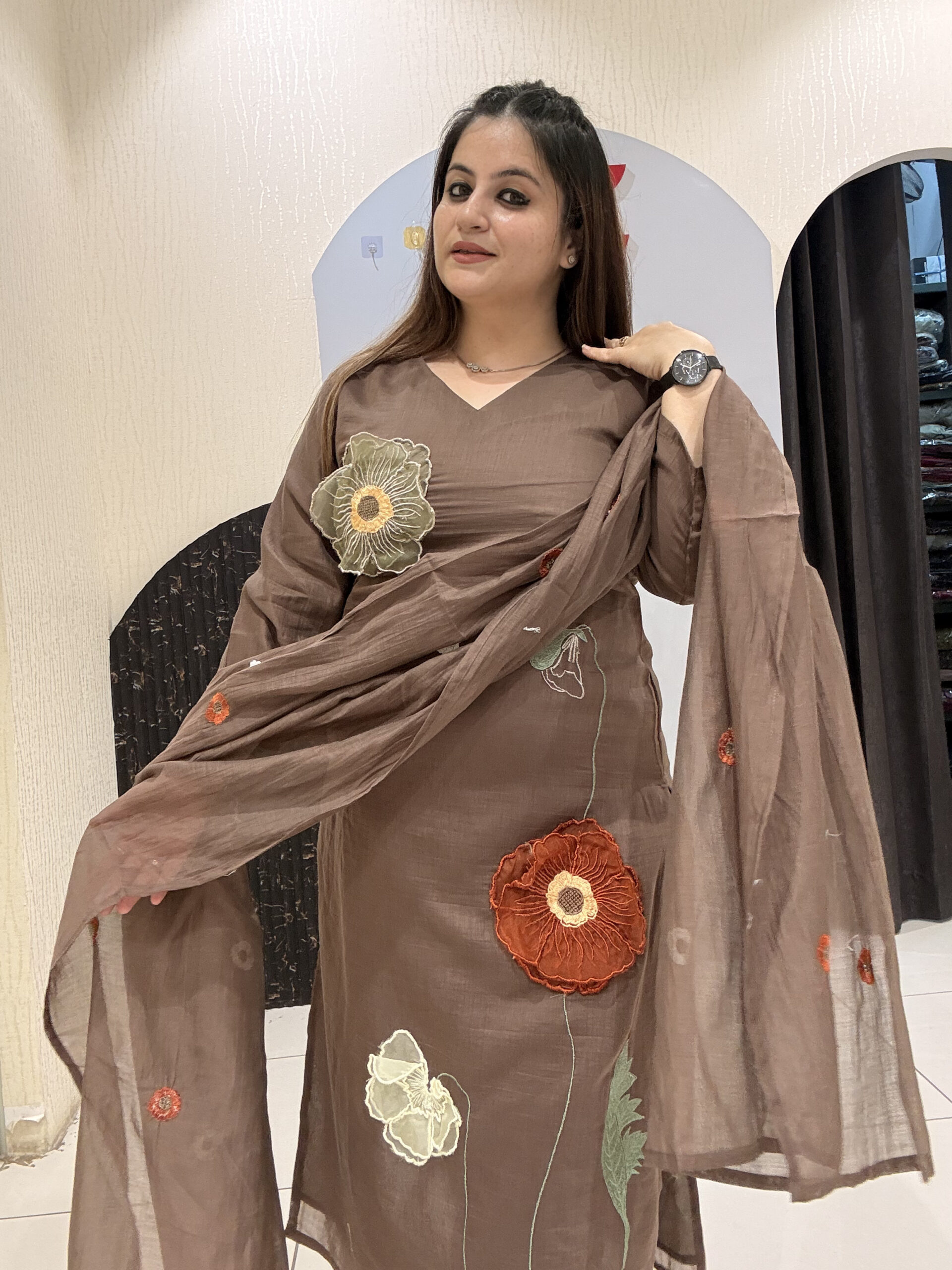 Brown Mul Chanderi Cotton Floral Embroidered Suit Set