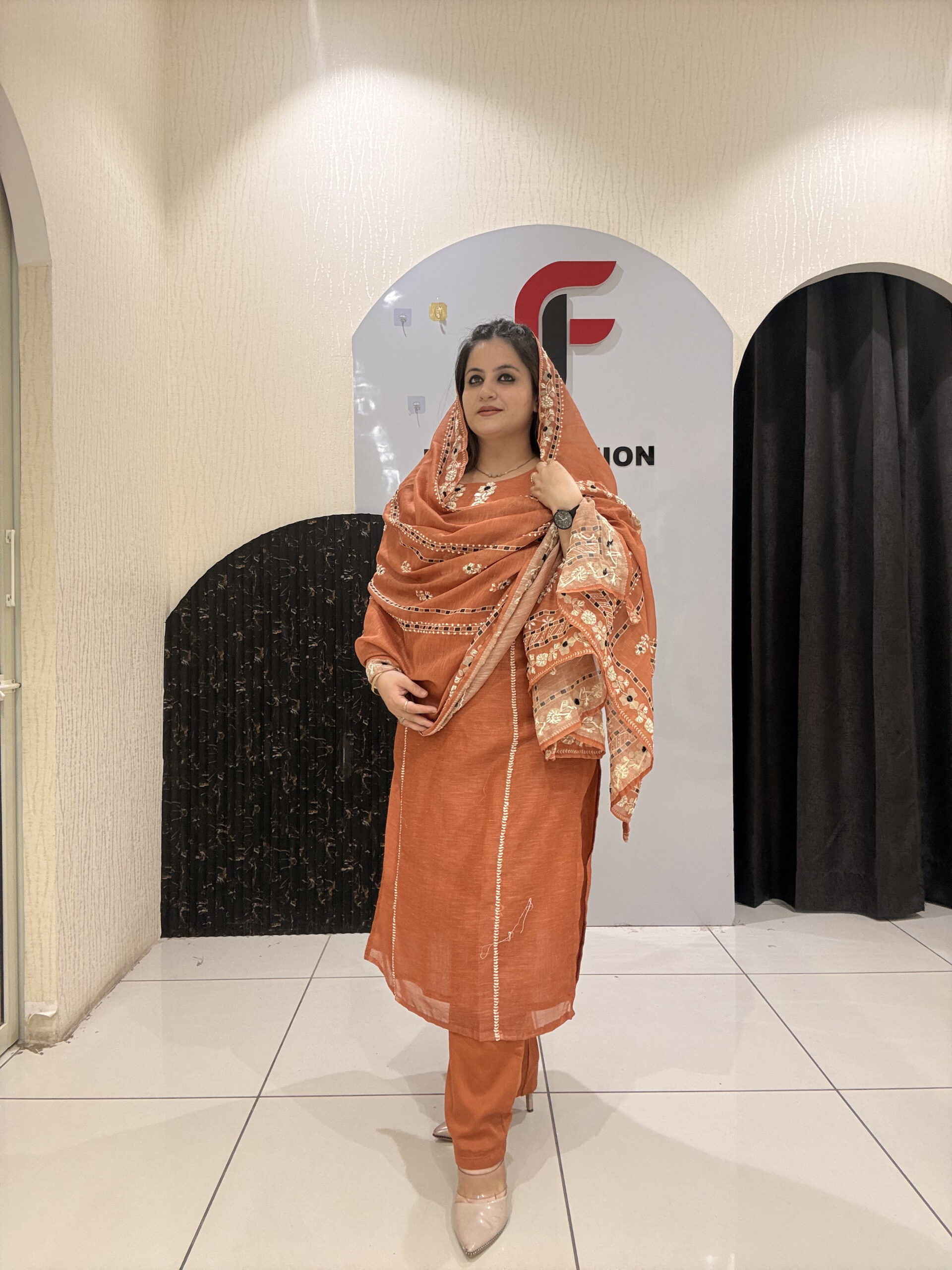 Rust Linen Cotton Kantha Work Suit Set