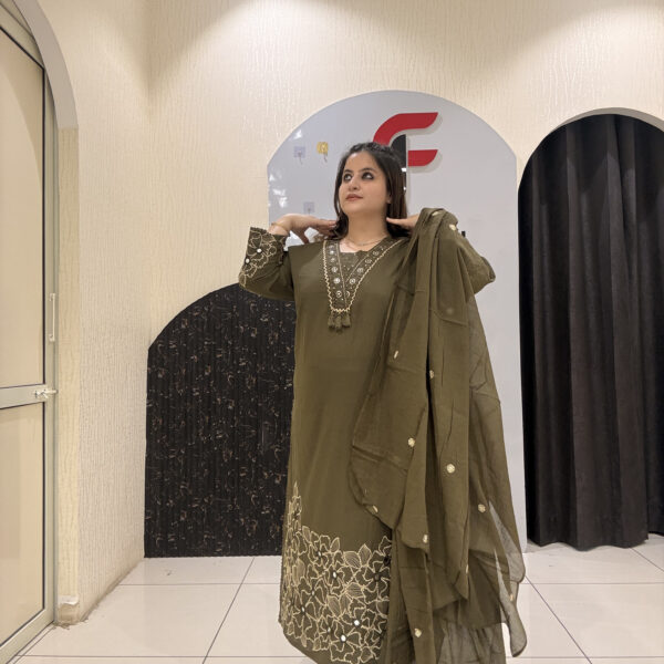 Olive Green Pure Cotton Thread Embroidered Suit Set