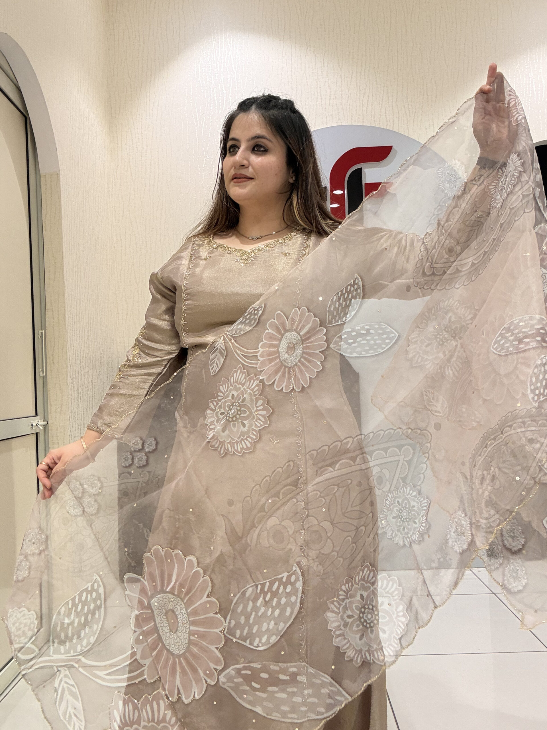 Beige Handwork Partywear Suit Set