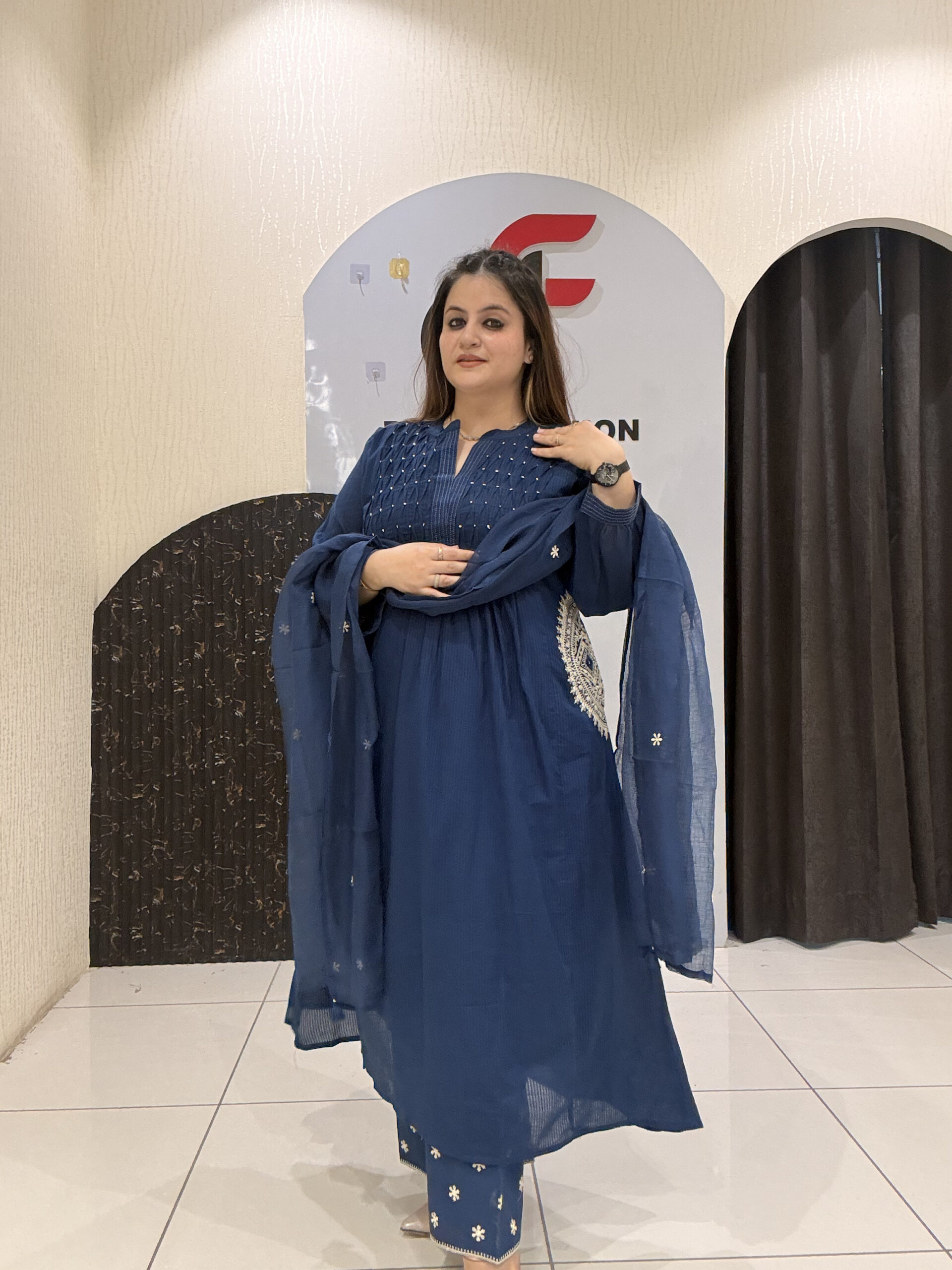 Navy Blue Pure Cotton Embroidered Suit with Kota Doria Dupatta - Image 4
