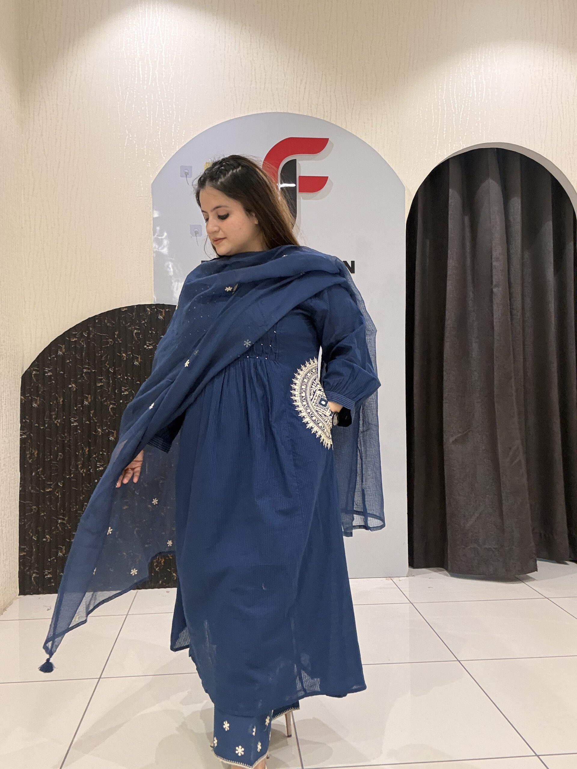 Navy Blue Pure Cotton Embroidered Suit with Kota Doria Dupatta - Image 5