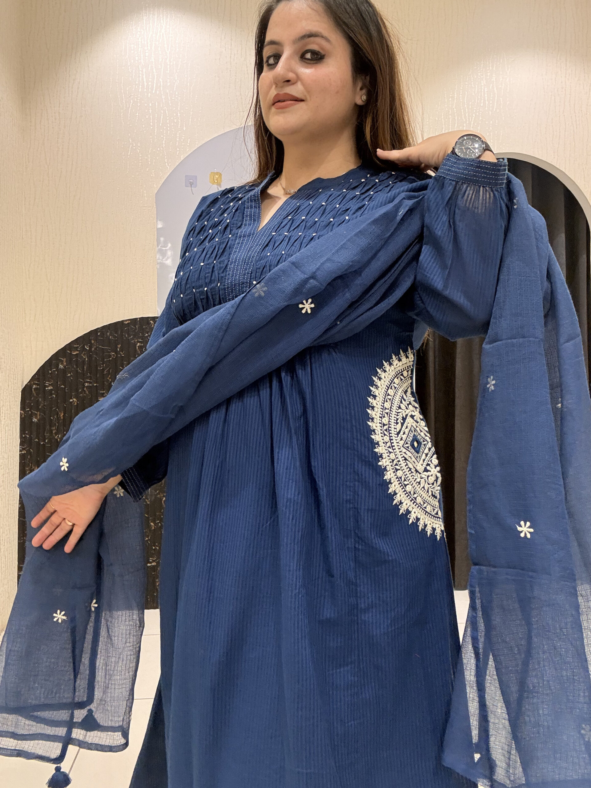Navy Blue Pure Cotton Embroidered Suit with Kota Doria Dupatta - Image 2