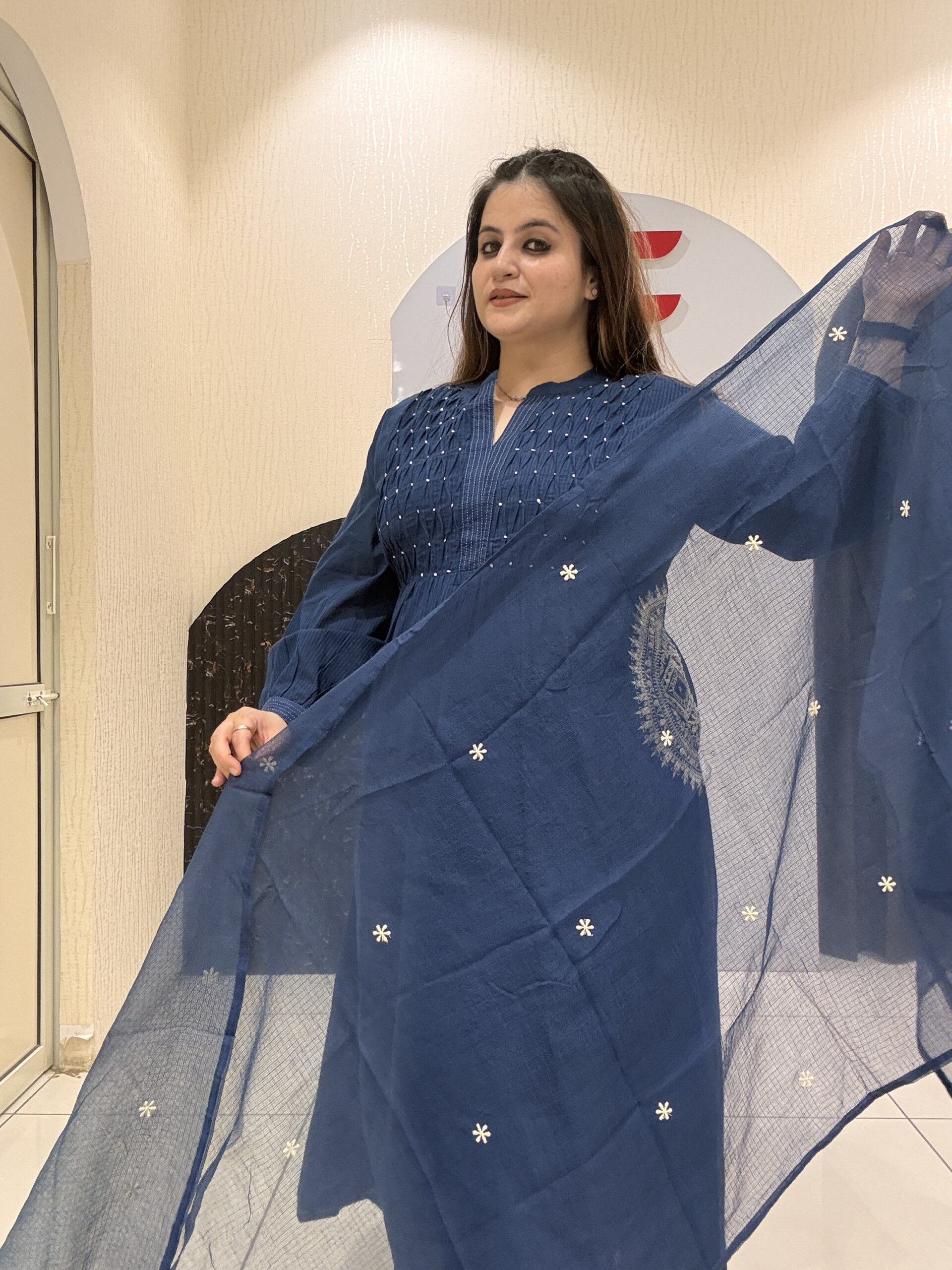 Navy Blue Pure Cotton Embroidered Suit with Kota Doria Dupatta - Image 6