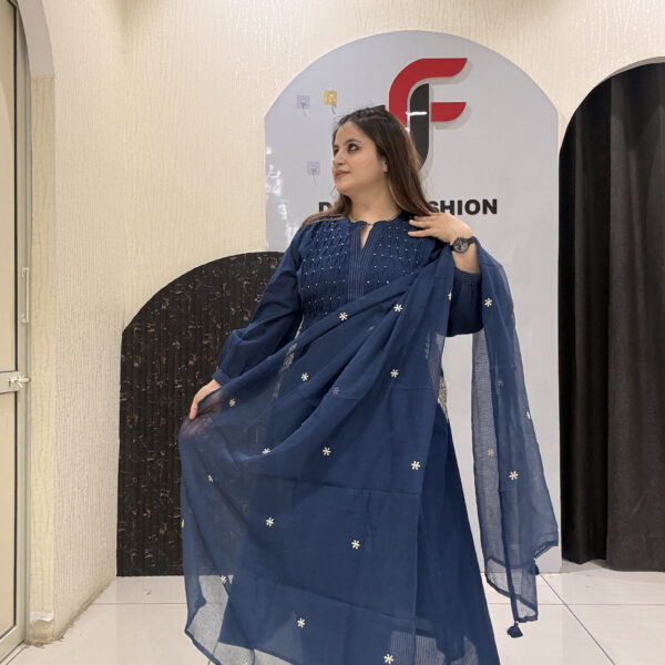 Graceful navy blue pure cotton suit featuring delicate pocket embroidery and a lightweight Kota Doria dupatta.