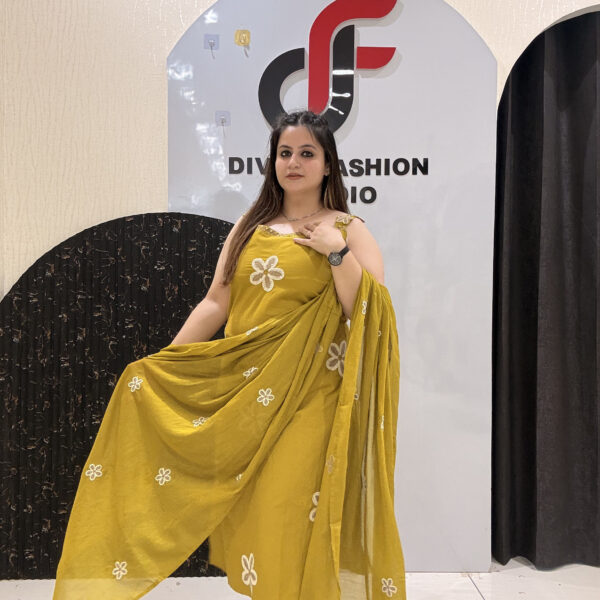 Mustard Pure Cotton Embroidered Suit with Lining