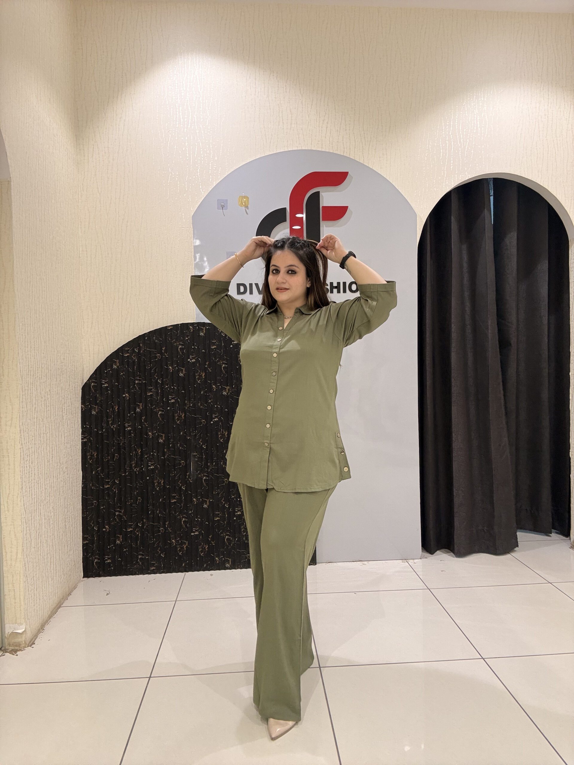 chic olive-green coord set